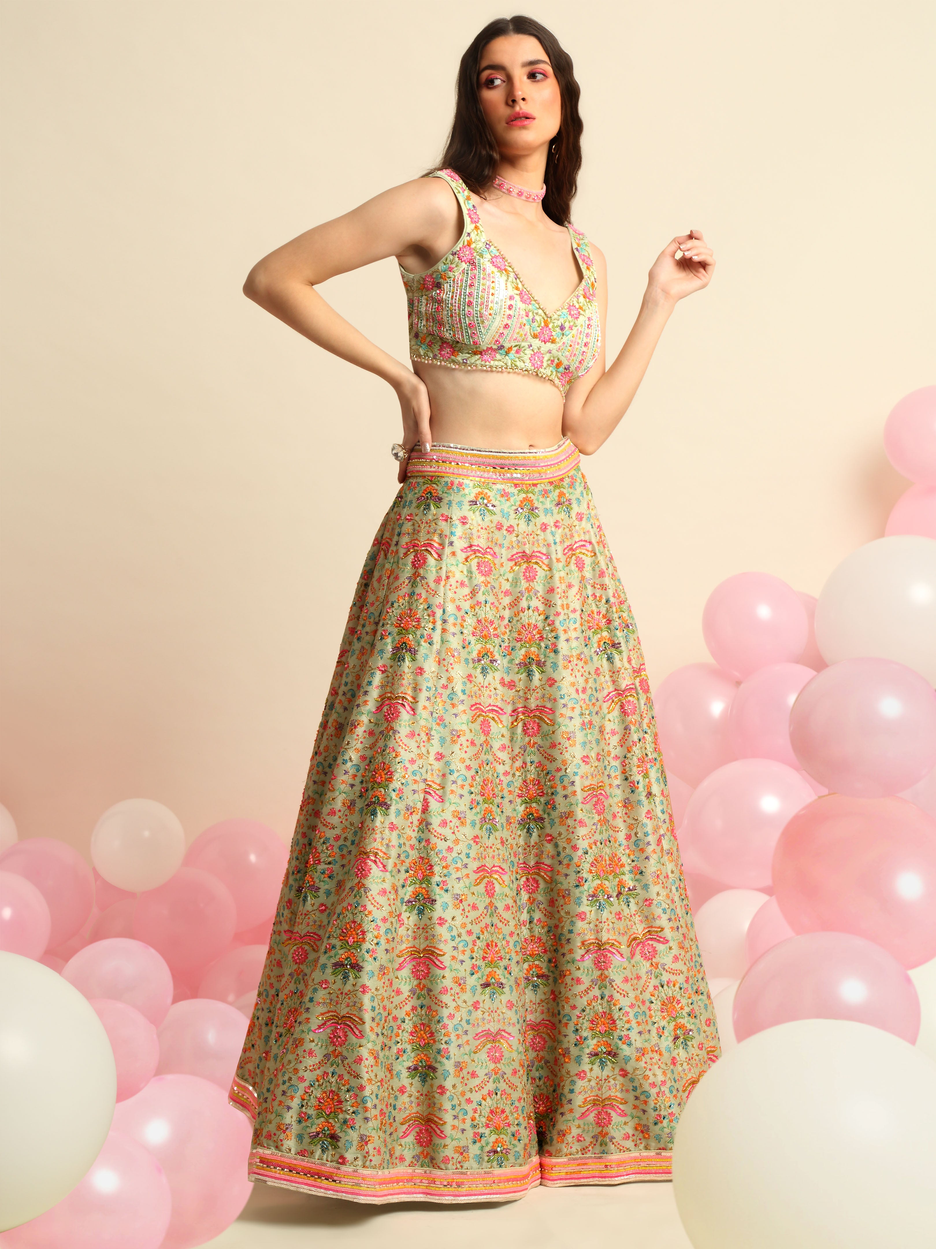 Mint Green Printed & Embroidered Lehenga Set