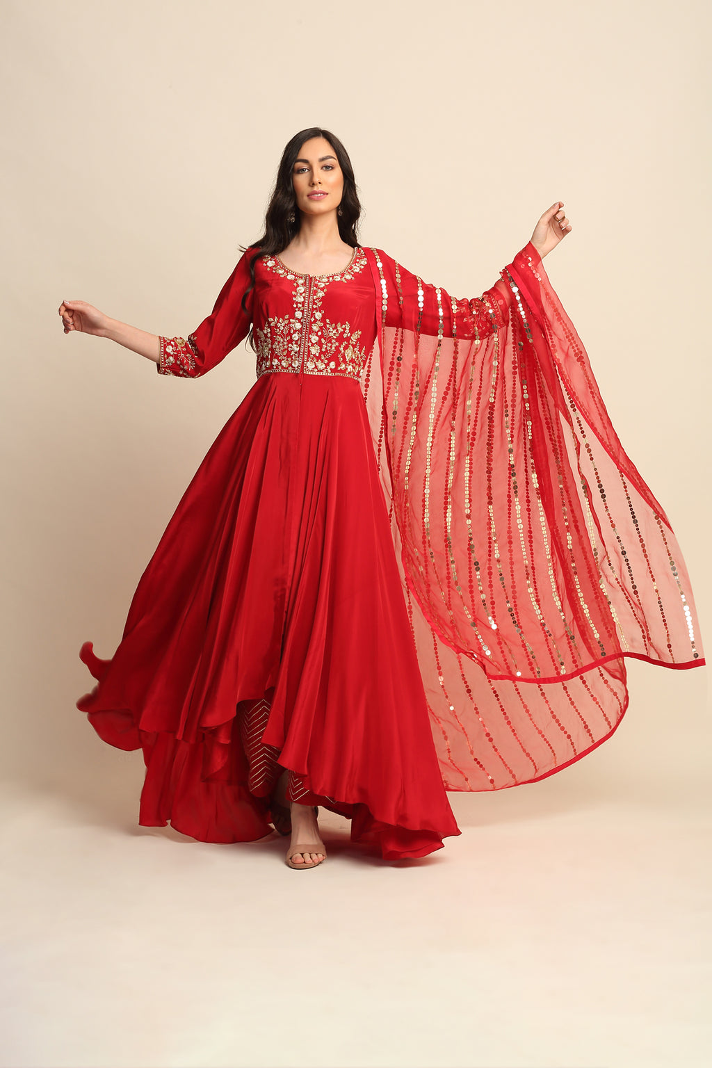 Red Silk Crepe Kurta Set