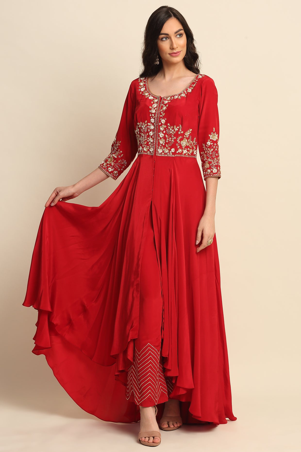Red Silk Crepe Kurta Set