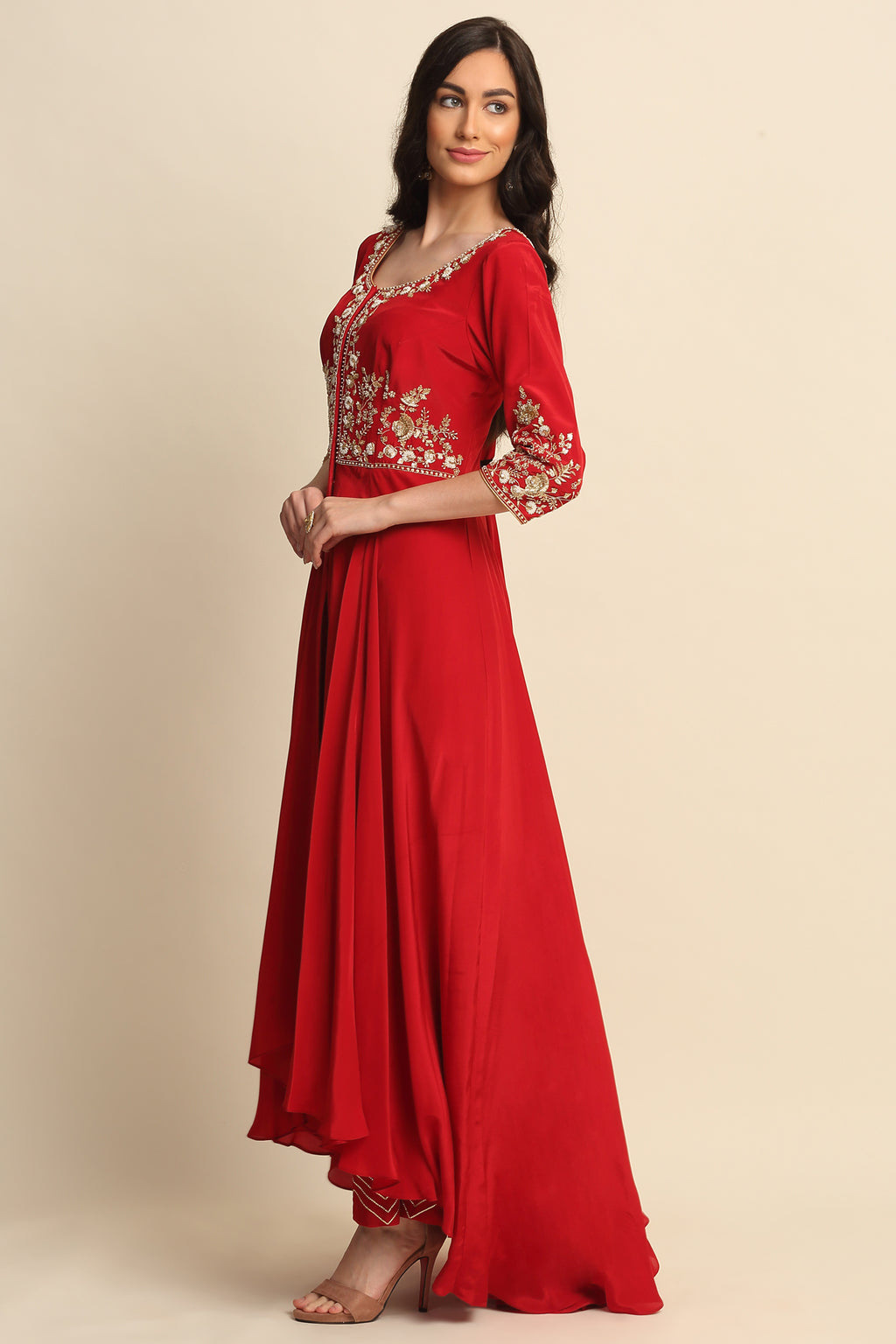 Red Silk Crepe Kurta Set