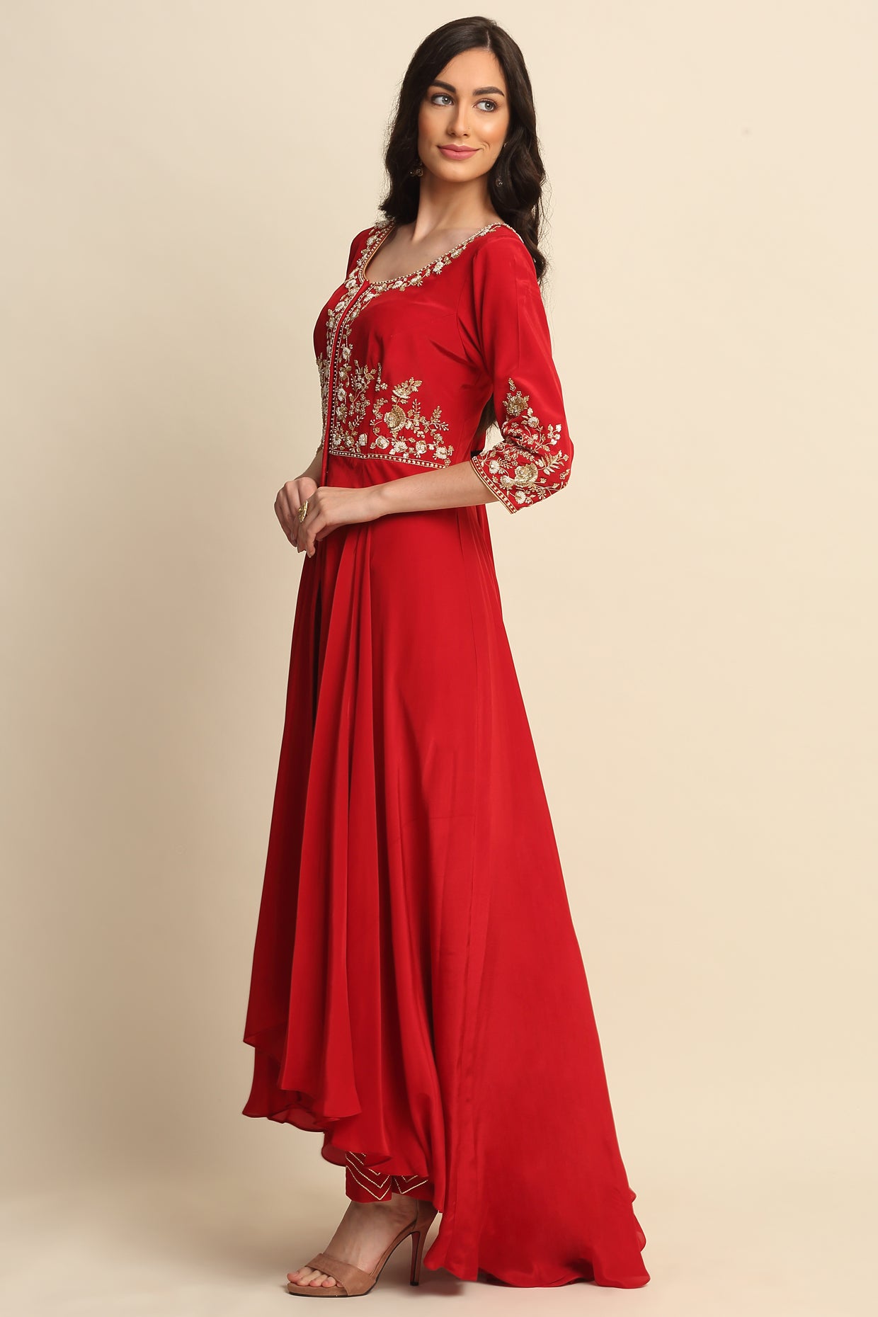 Red Silk Crepe Kurta Set