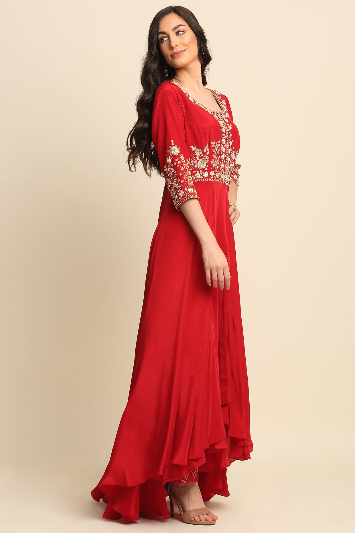 Red Silk Crepe Kurta Set