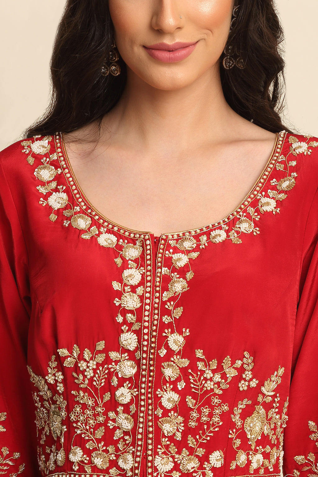 Red Silk Crepe Kurta Set