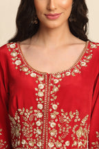 Red Silk Crepe Kurta Set
