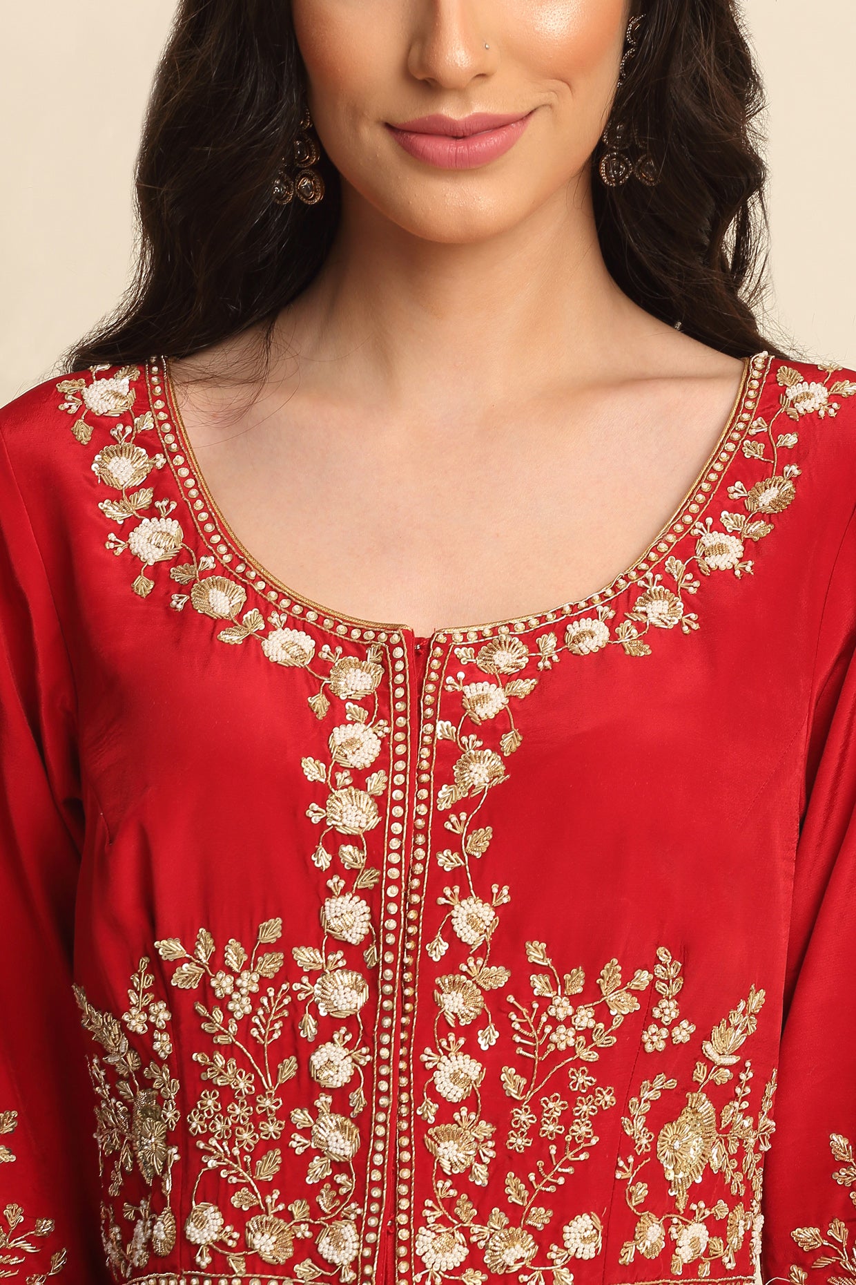 Red Silk Crepe Kurta Set