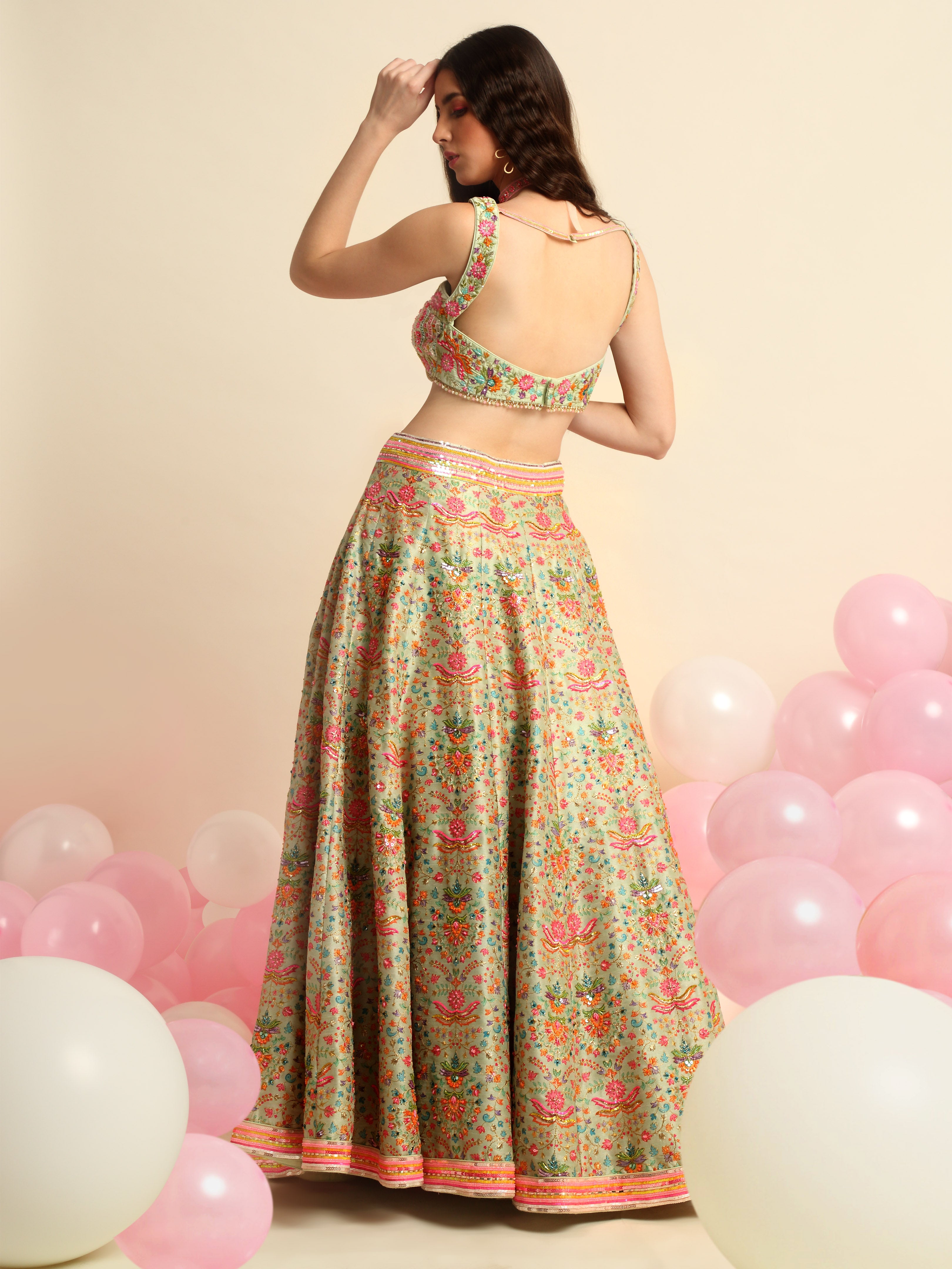 Mint Green Printed & Embroidered Lehenga Set