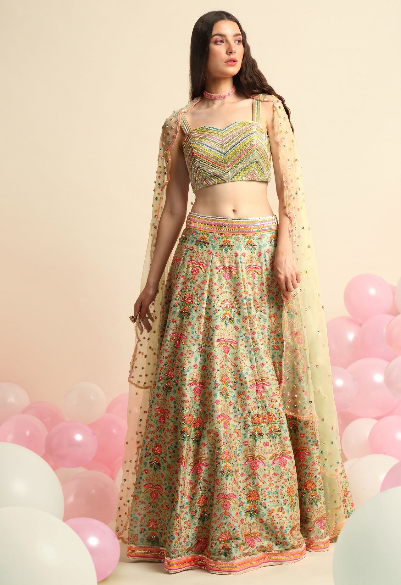 Mint Green Printed & Embroidered Lehenga Set