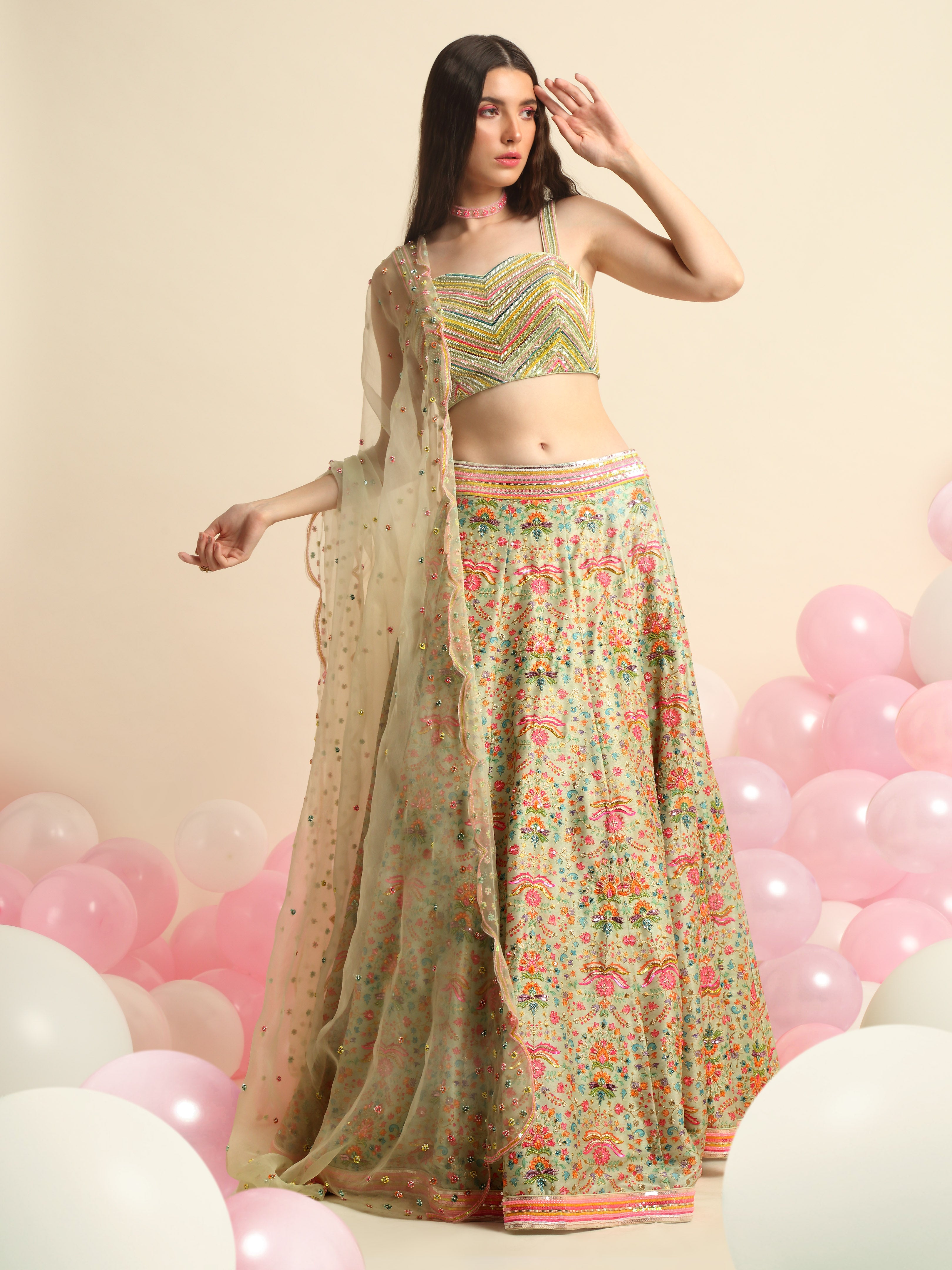 Mint Green Printed & Embroidered Lehenga Set