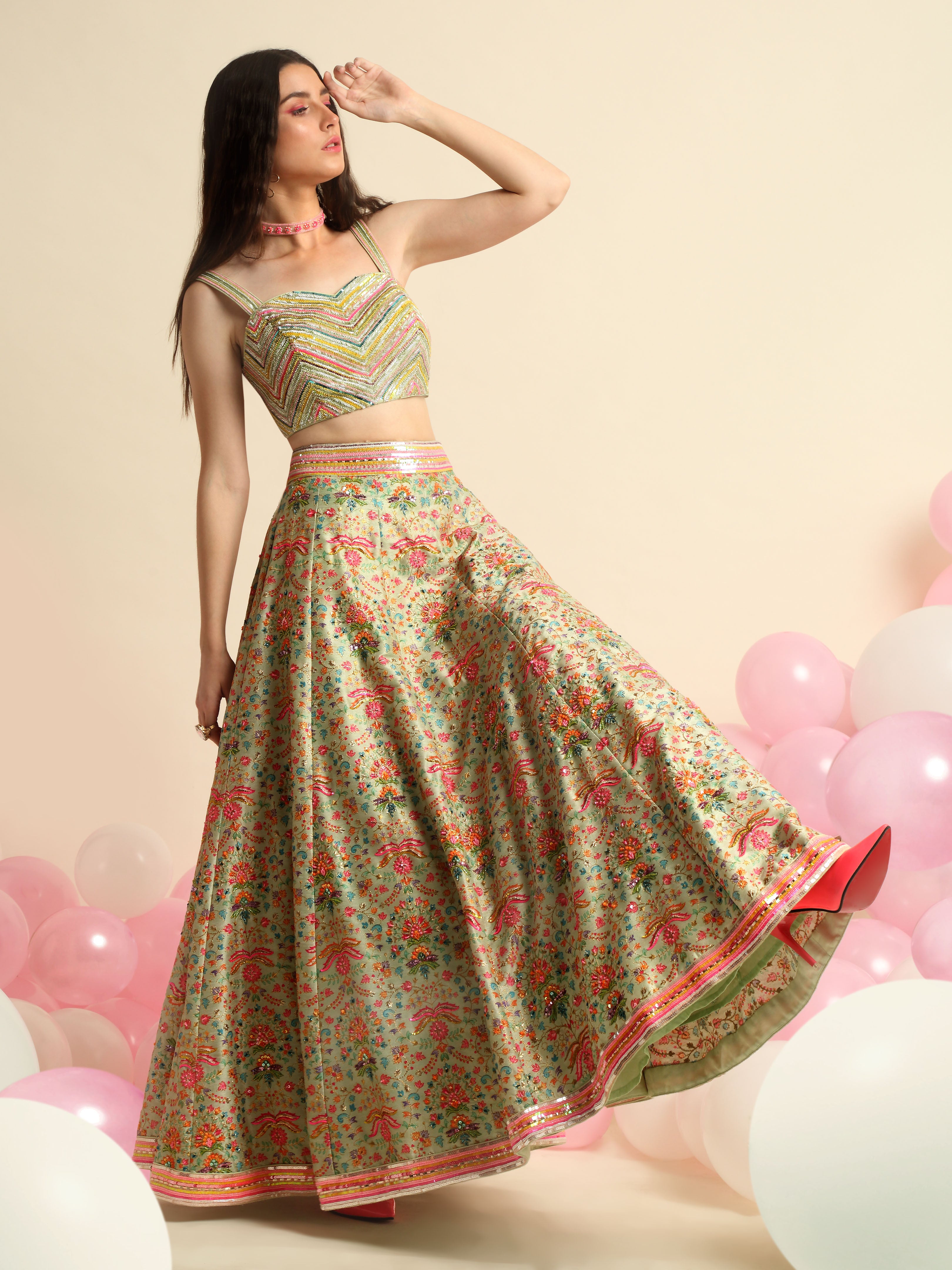 Mint Green Printed & Embroidered Lehenga Set