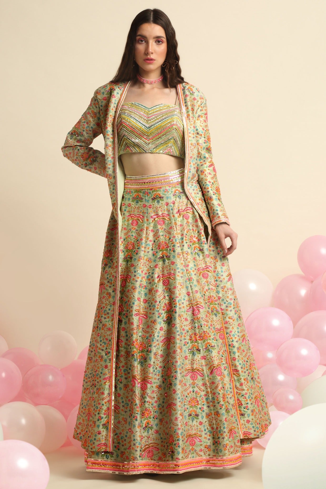 Mint Green Printed & Embroidered Lehenga jacket Set