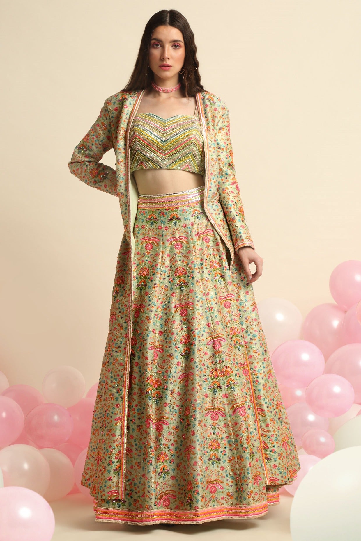 Mint Green Printed & Embroidered Lehenga Jacket Set