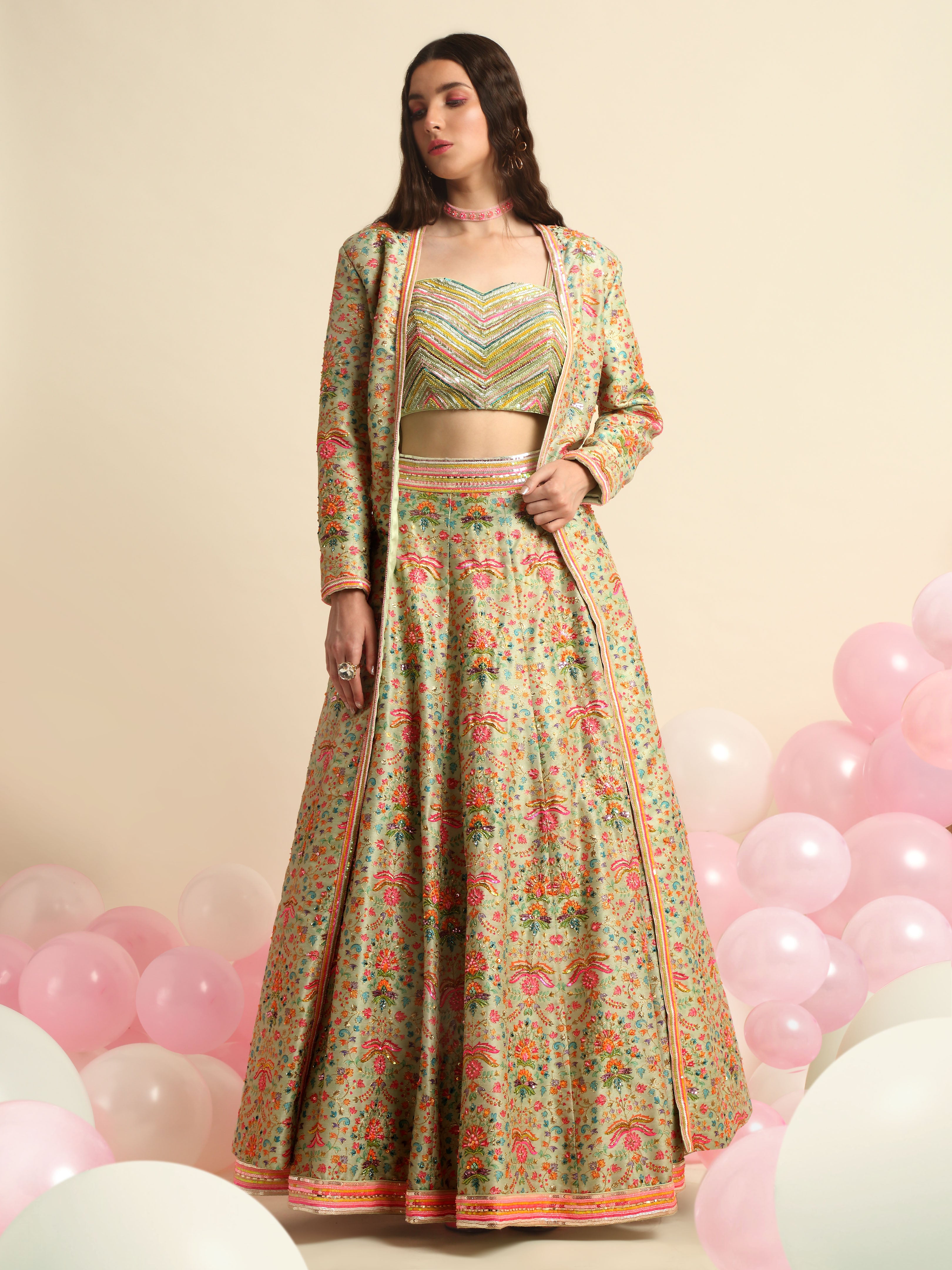 Mint Green Printed & Embroidered Lehenga Jacket Set