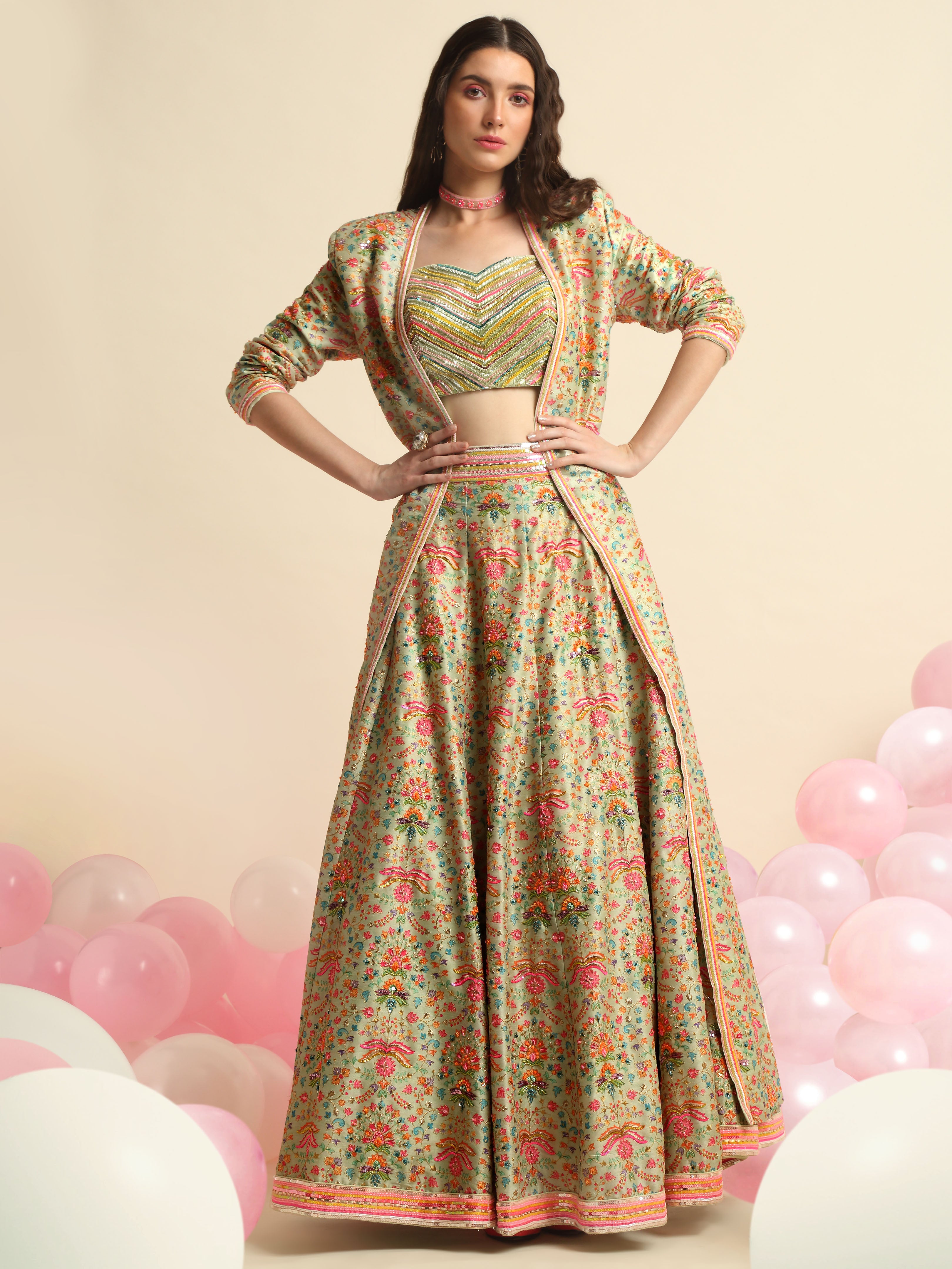 Mint Green Printed & Embroidered Lehenga jacket Set