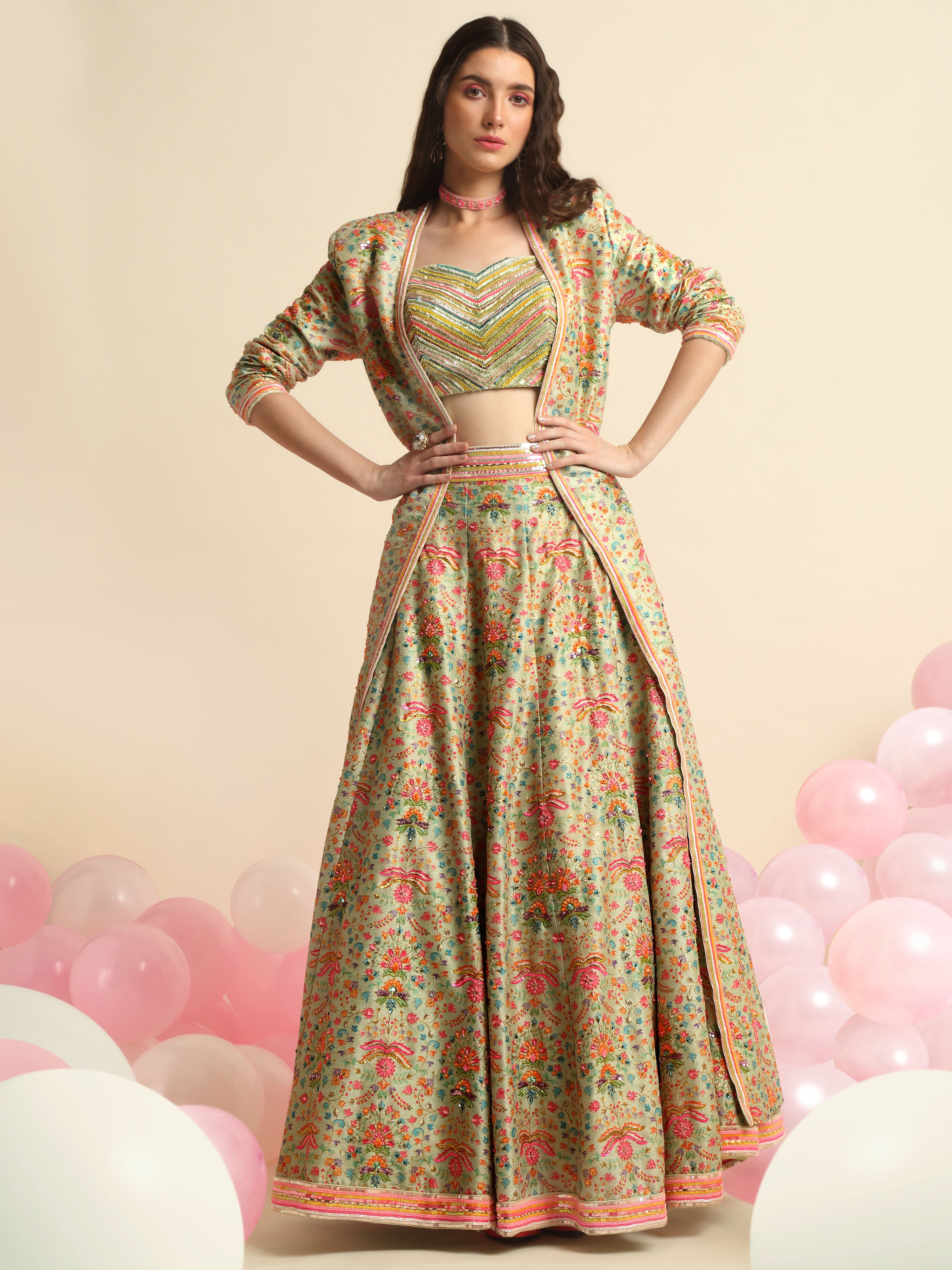 Mint Green Printed & Embroidered Lehenga Jacket Set