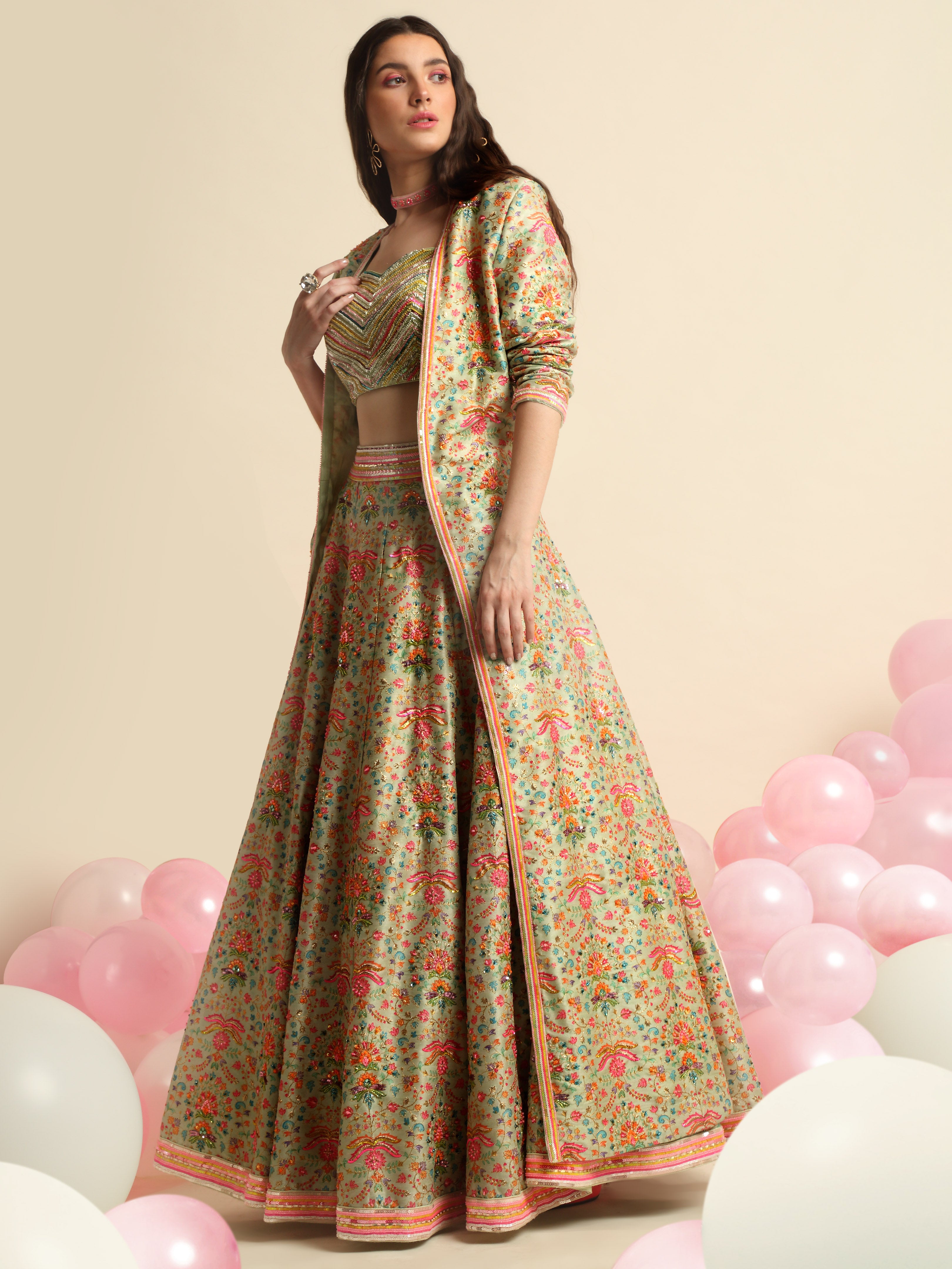 Mint Green Printed & Embroidered Lehenga jacket Set