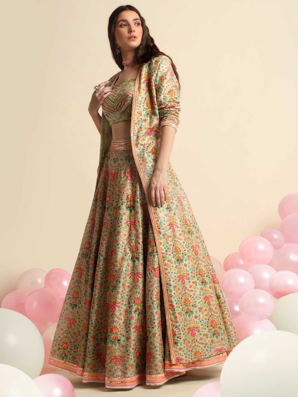 Mint Green Printed & Embroidered Lehenga Jacket Set