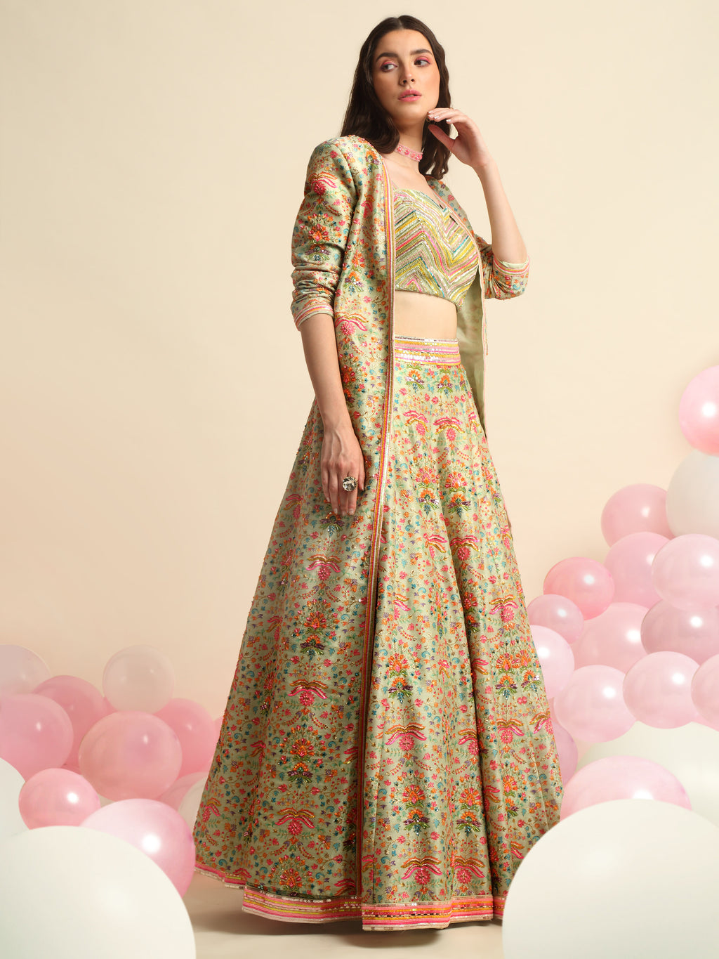 Mint Green Printed & Embroidered Lehenga Jacket Set