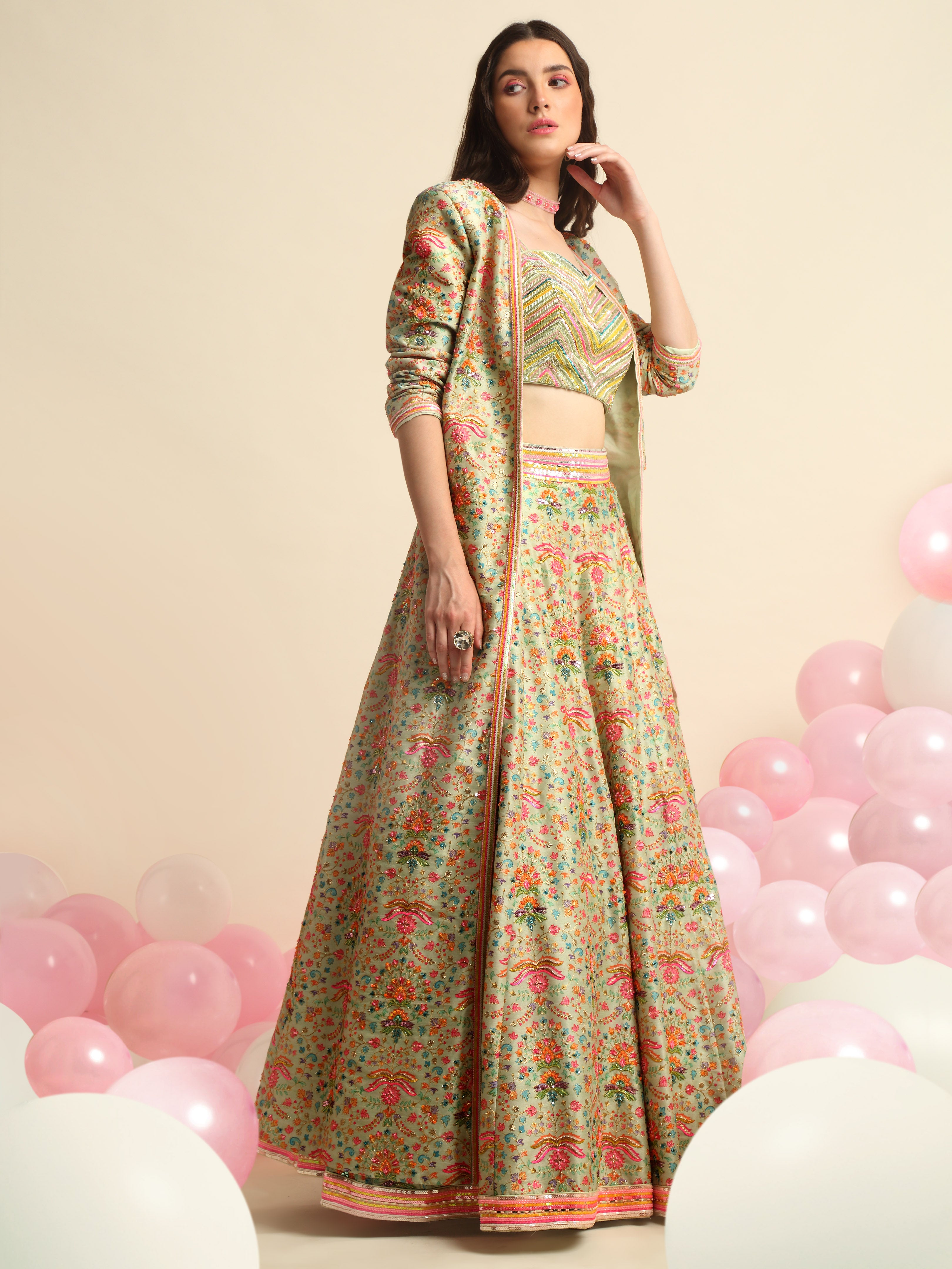 Mint Green Printed & Embroidered Lehenga Jacket Set