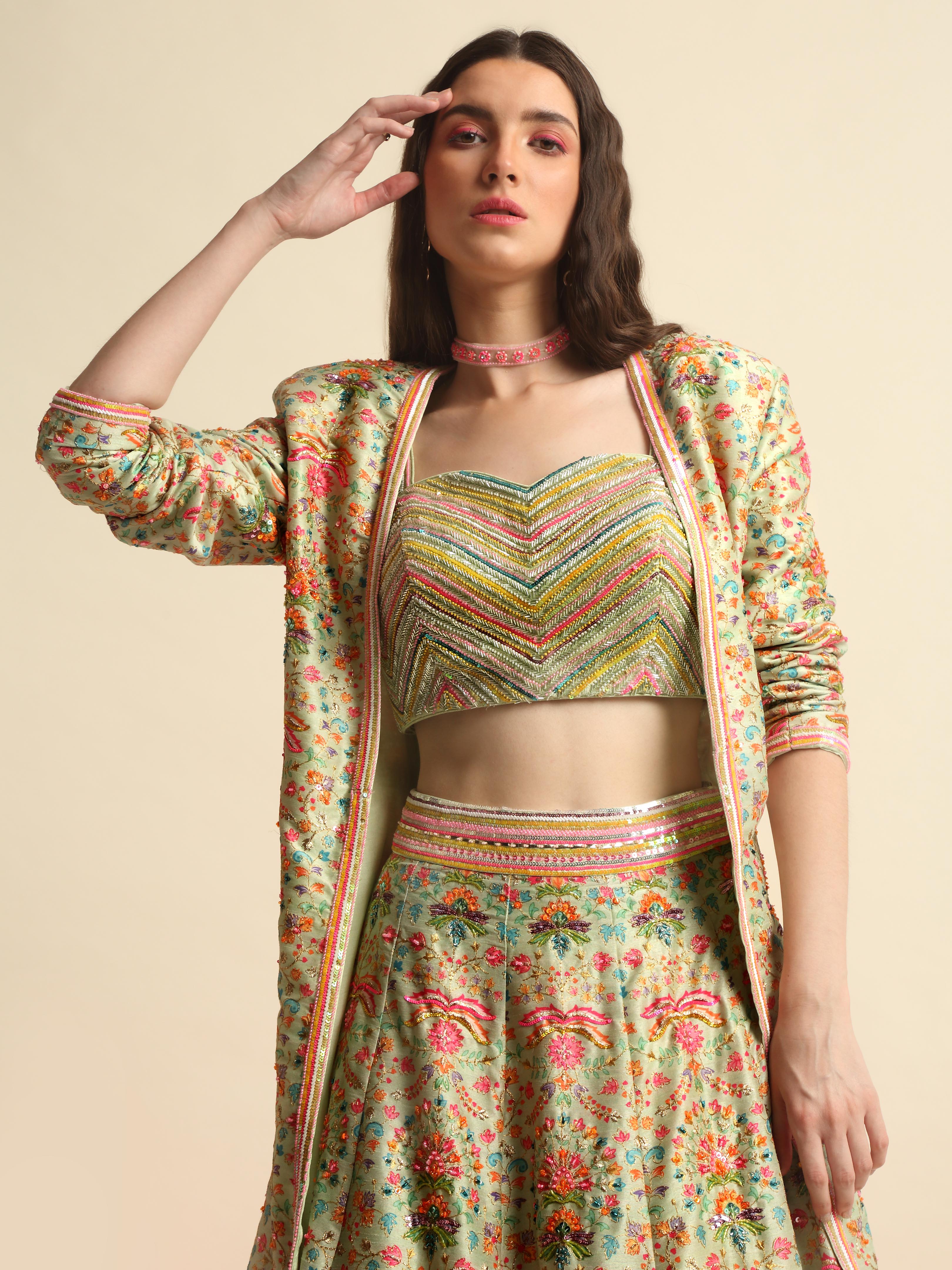 Mint Green Printed & Embroidered Lehenga Jacket Set
