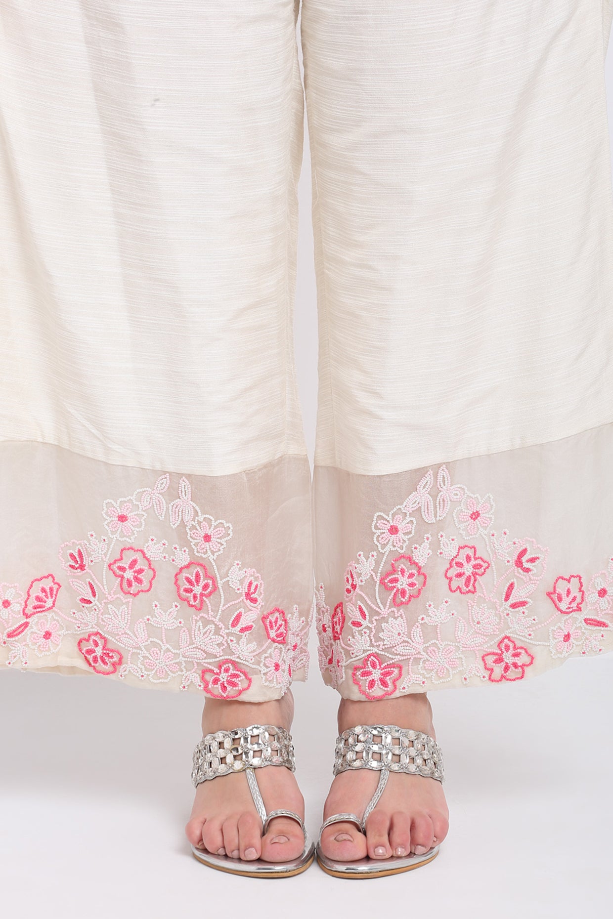 Ivory And Pink Chanderi Suit Set