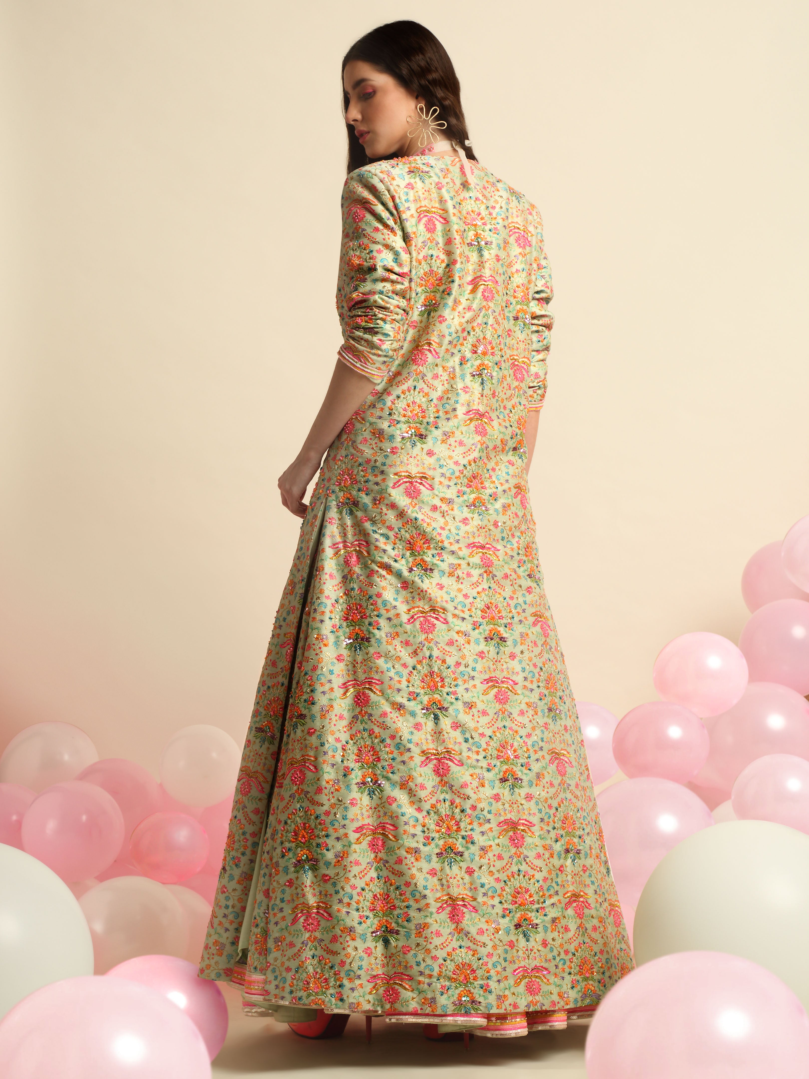 Mint Green Printed & Embroidered Lehenga jacket Set