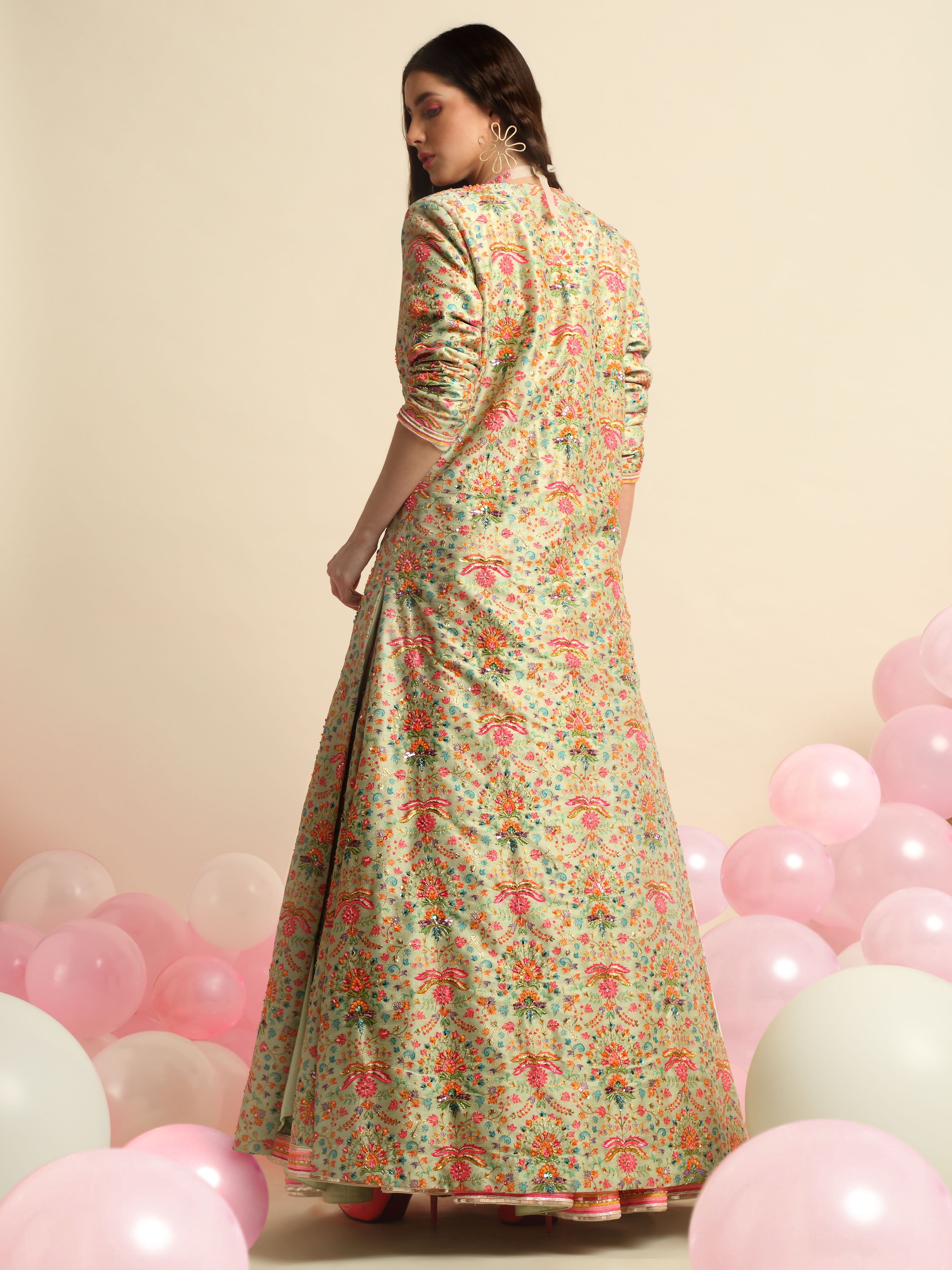 Mint Green Printed & Embroidered Lehenga Jacket Set