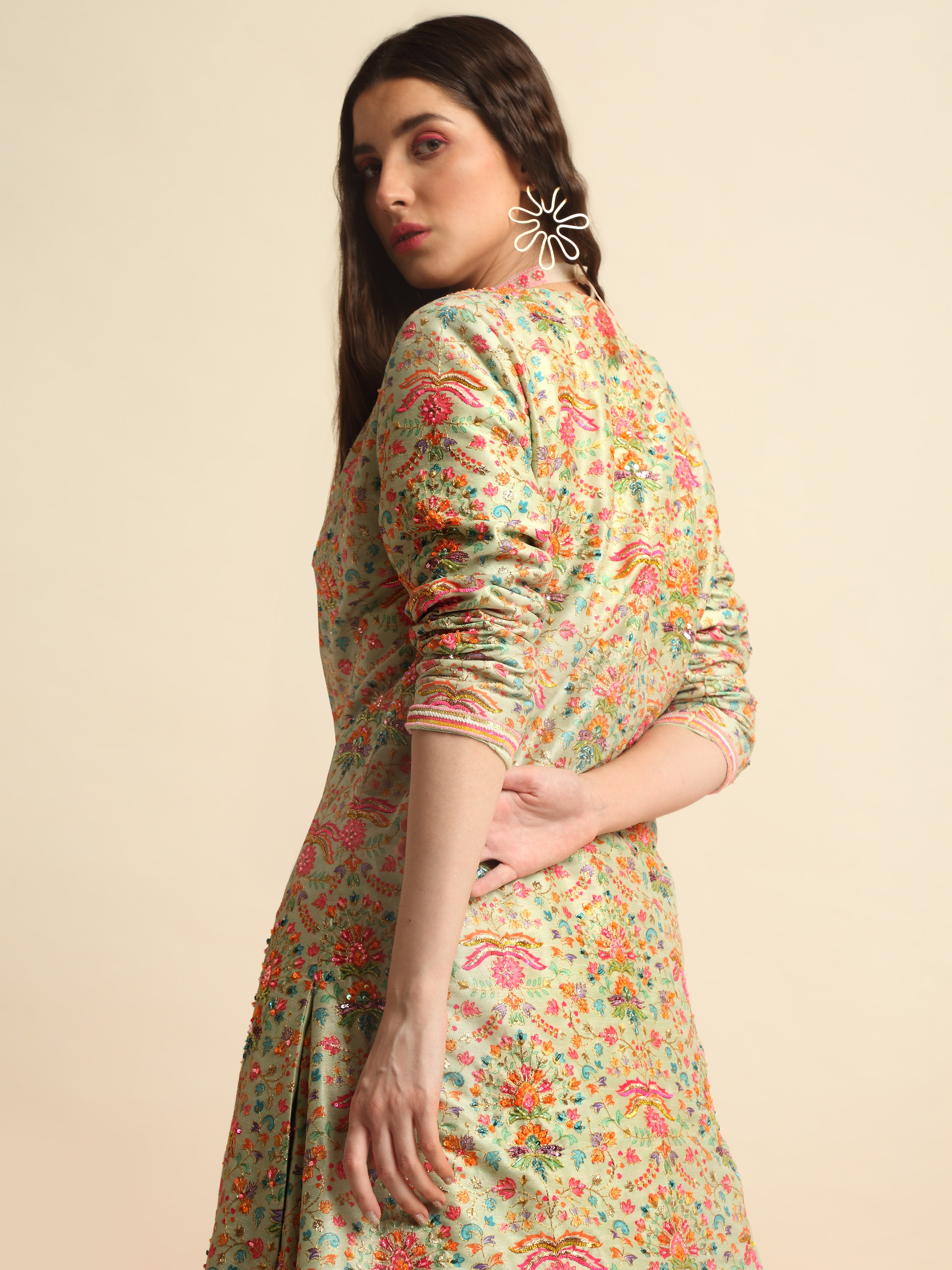 Mint Green Printed & Embroidered Lehenga Jacket Set