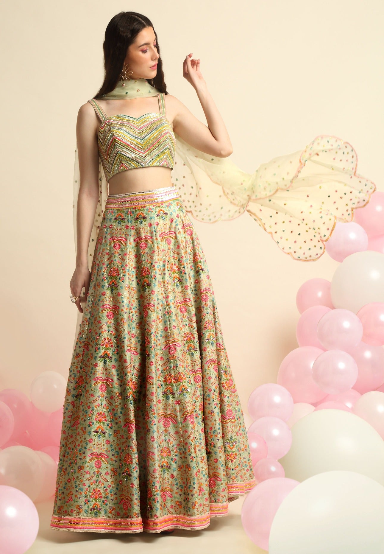 Mint Green Printed & Embroidered Lehenga Set