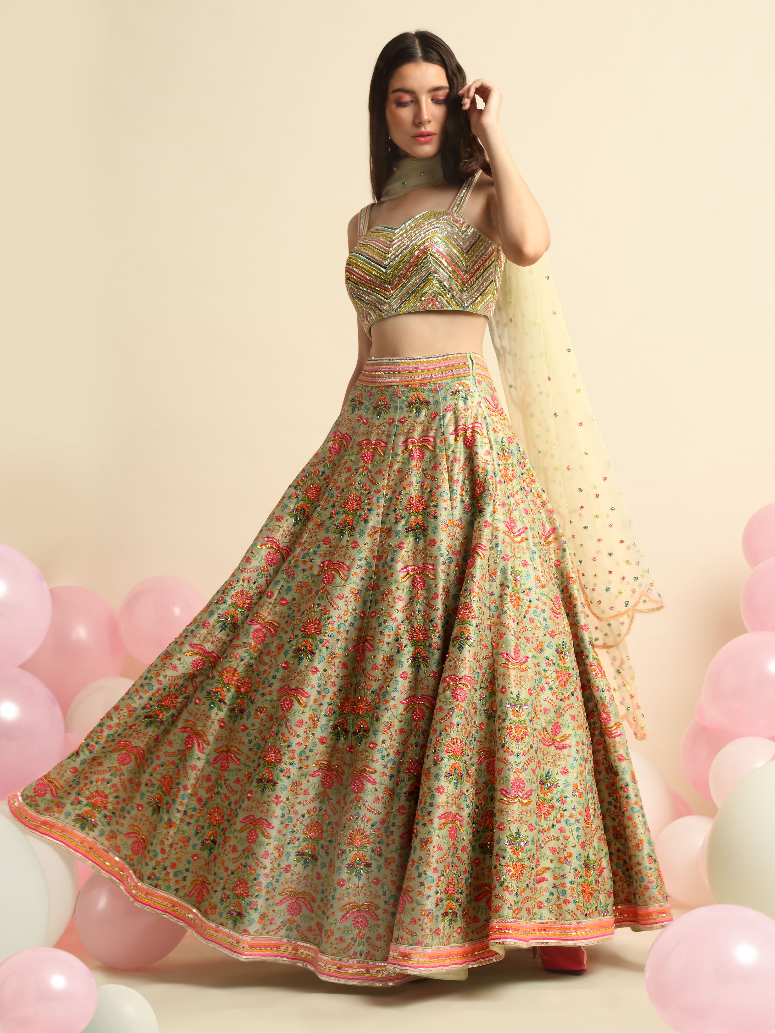 Mint Green Printed & Embroidered Lehenga Set