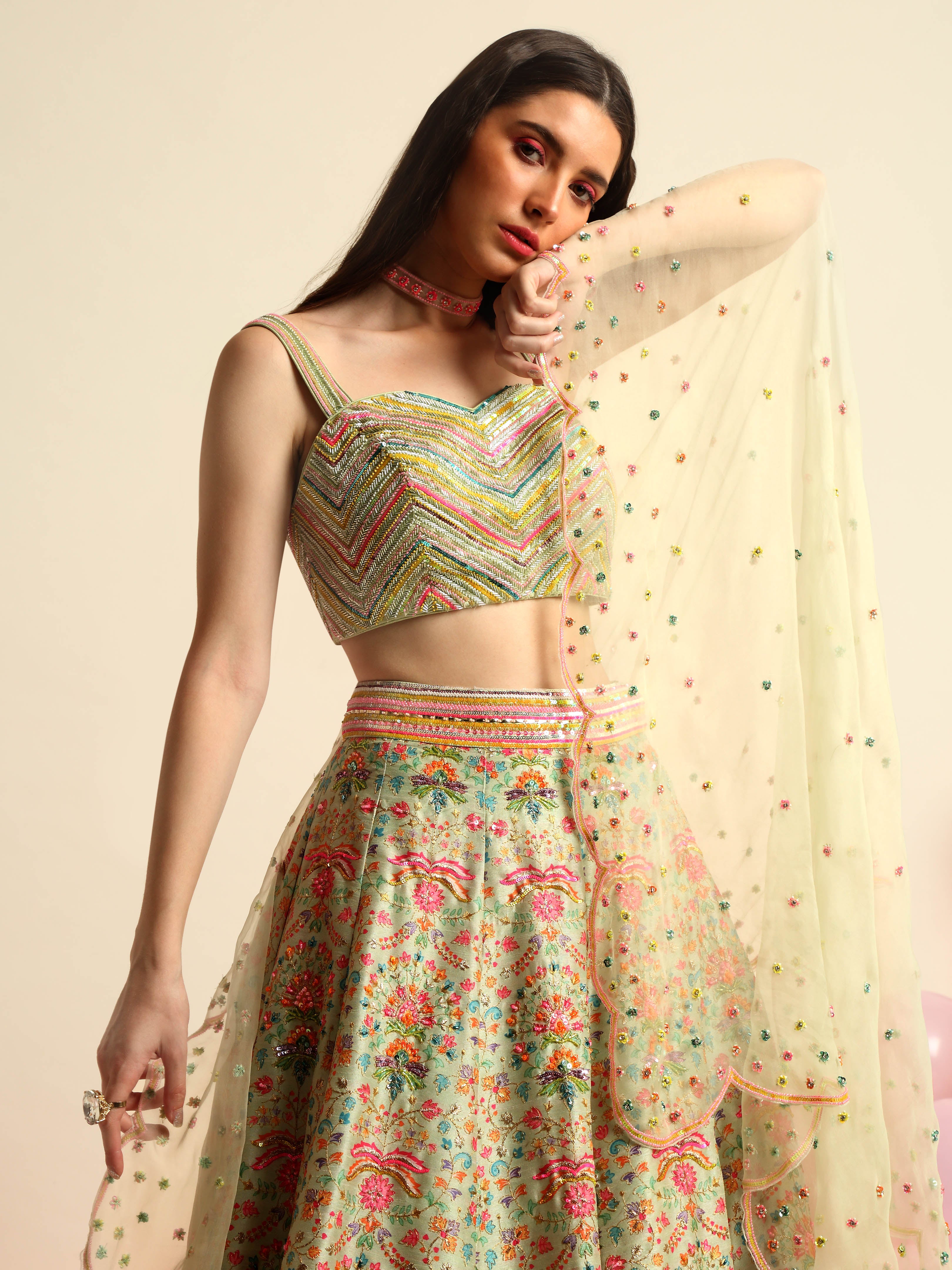 Mint Green Printed & Embroidered Lehenga Set