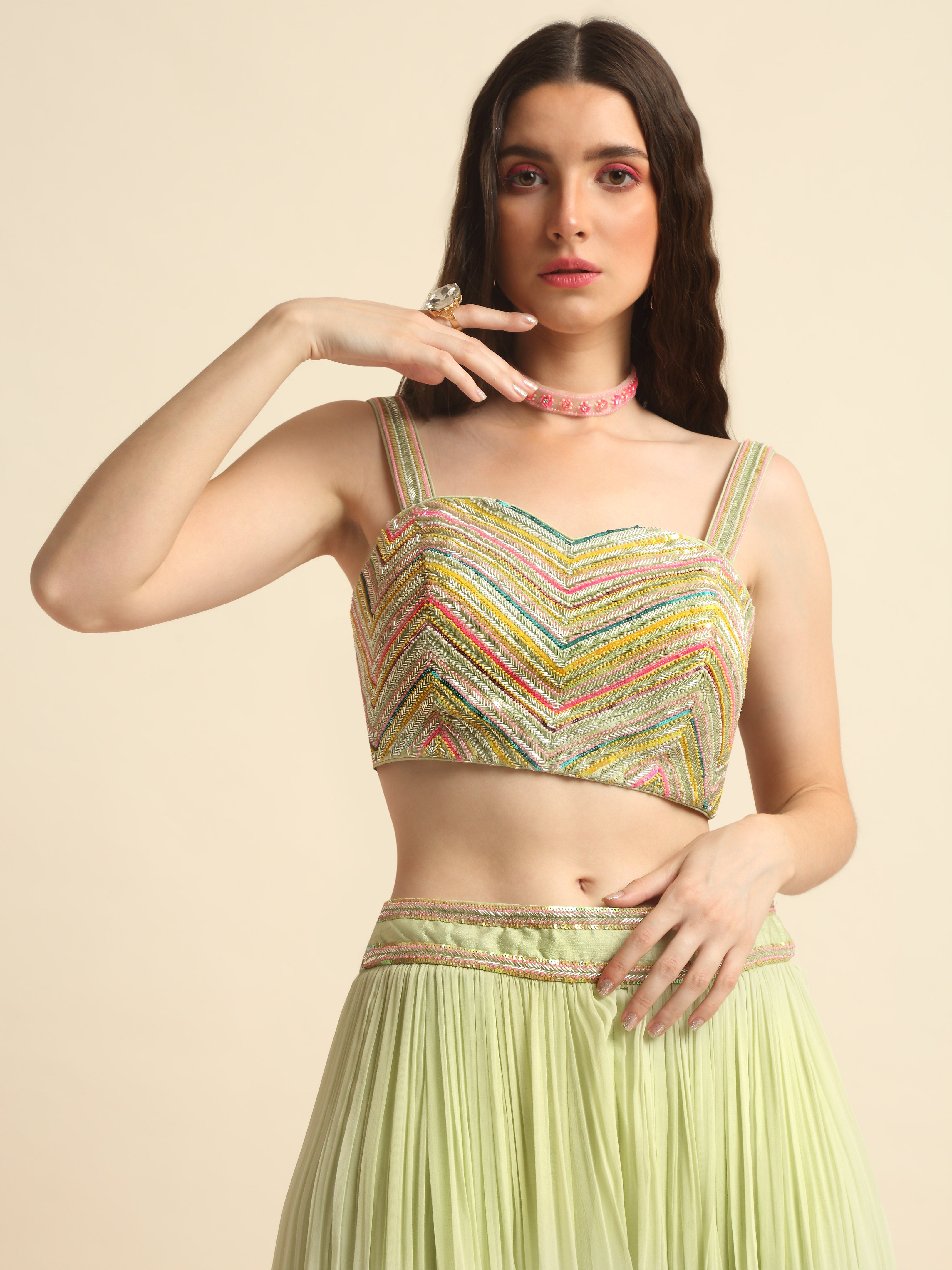 Mint Green Printed And Embroidered Peplum Jacket Set