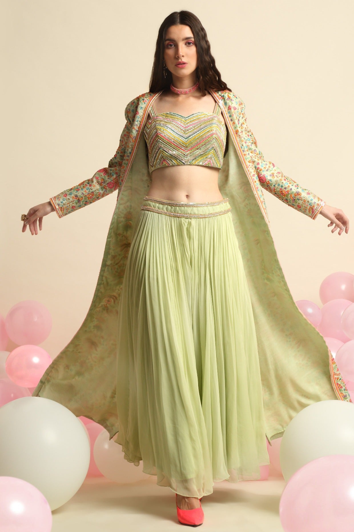 Mint Green Printed And Embroidered Peplum Jacket Set