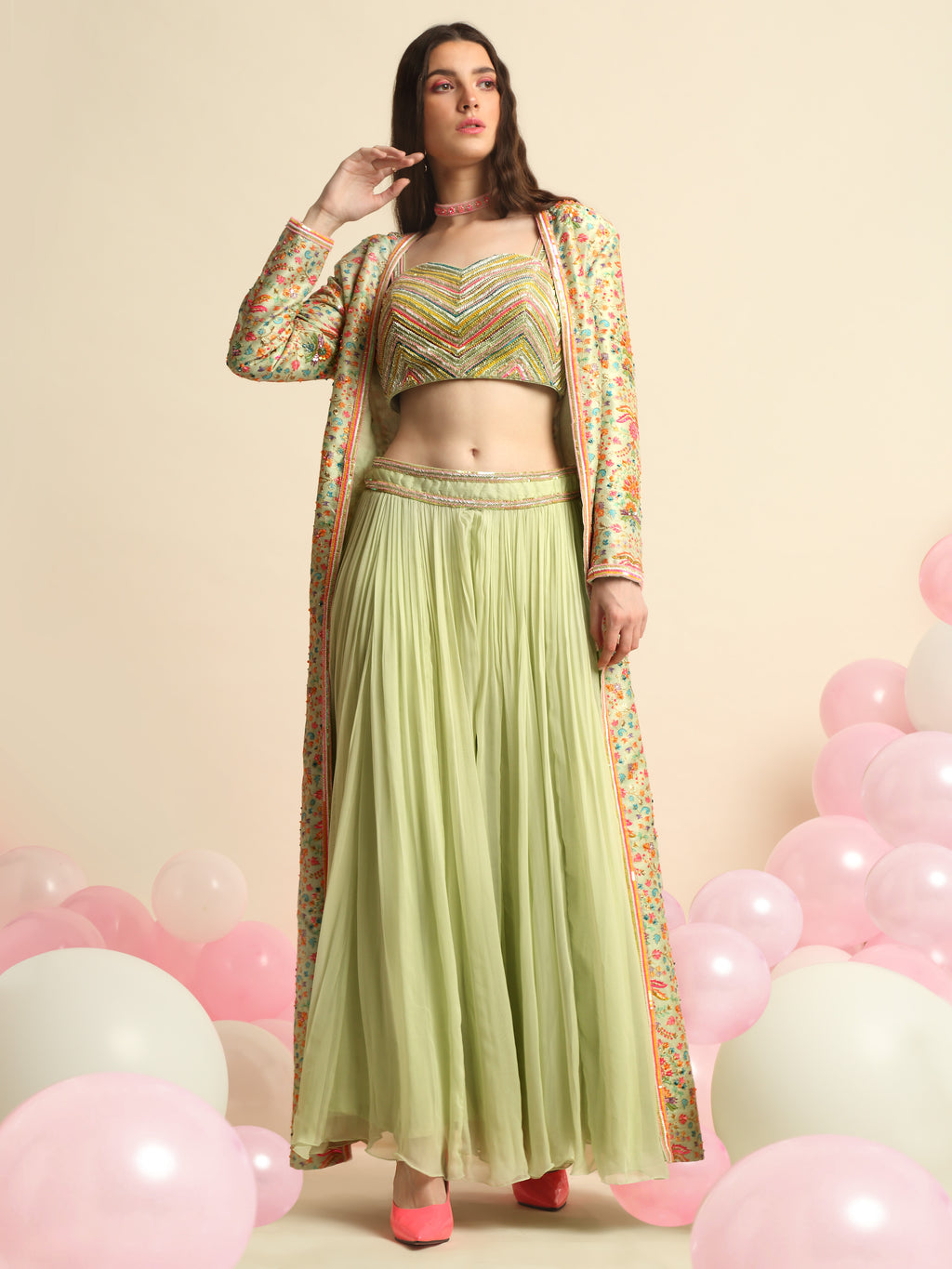 Mint Green Printed And Embroidered Peplum Jacket Set