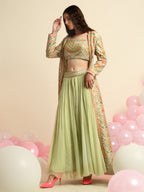 Mint Green Printed And Embroidered Peplum Jacket Set