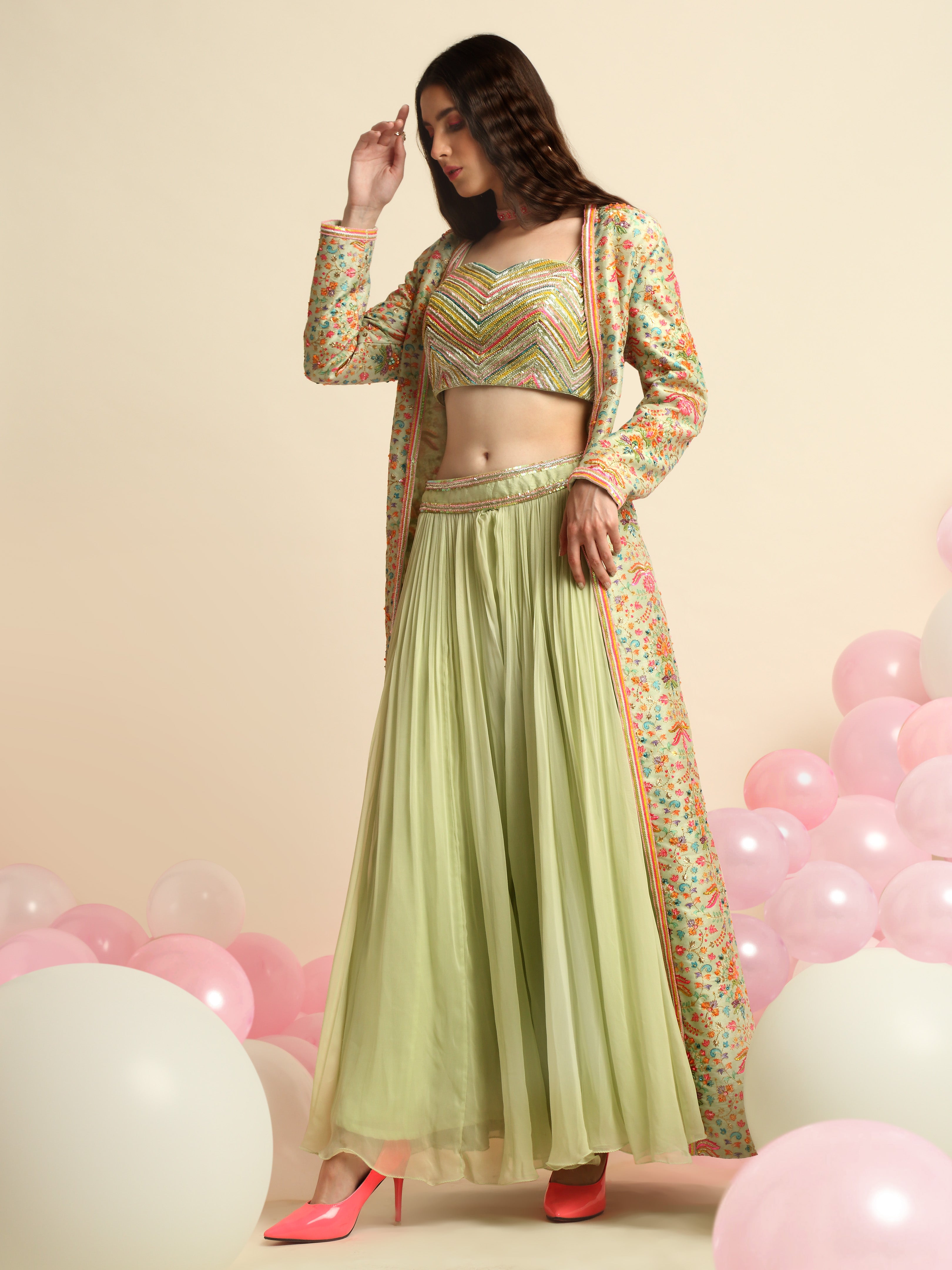 Mint Green Printed And Embroidered Peplum Jacket Set
