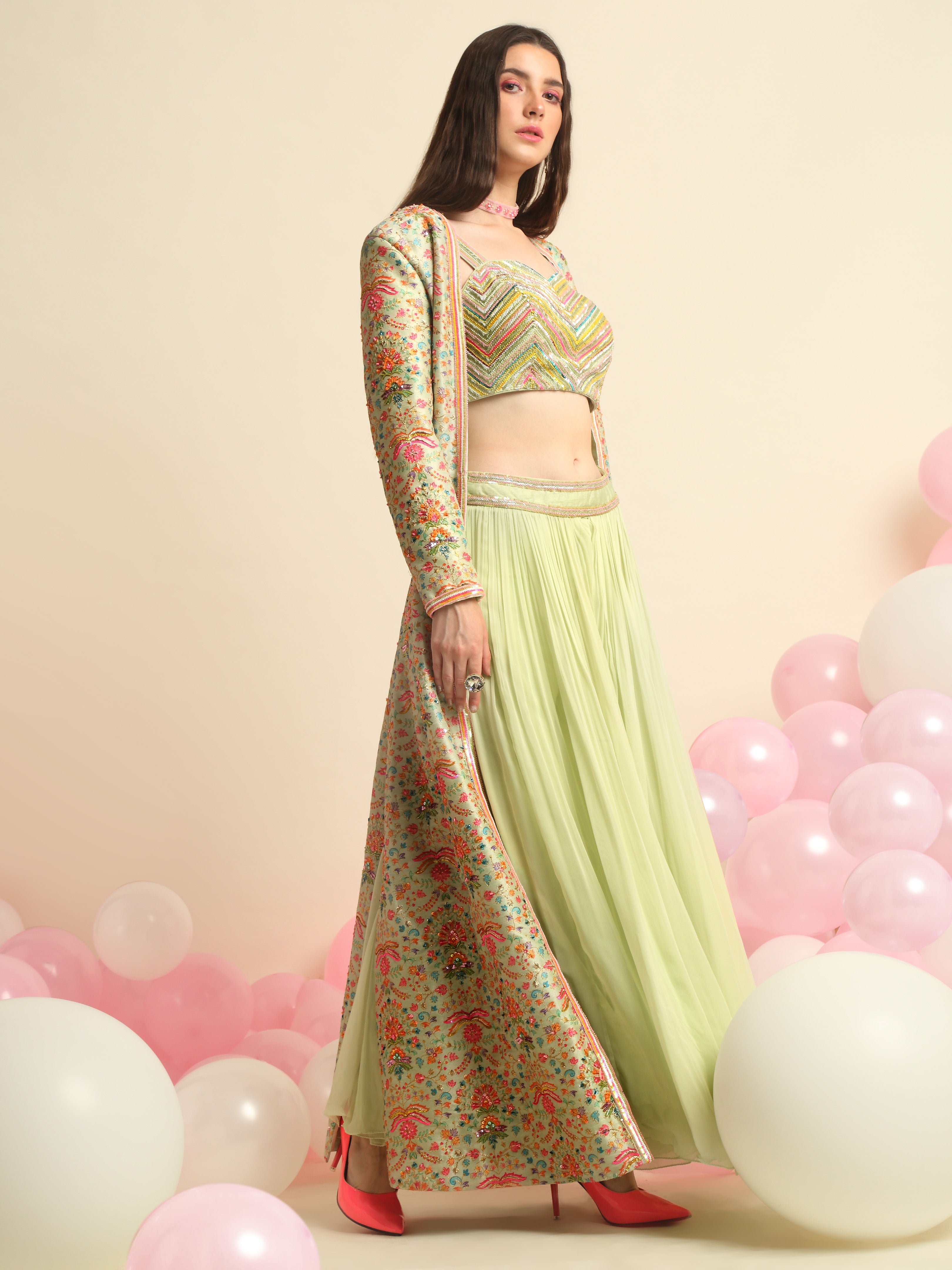 Mint Green Printed And Embroidered Peplum Jacket Set