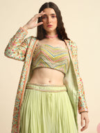 Mint Green Printed And Embroidered Peplum Jacket Set