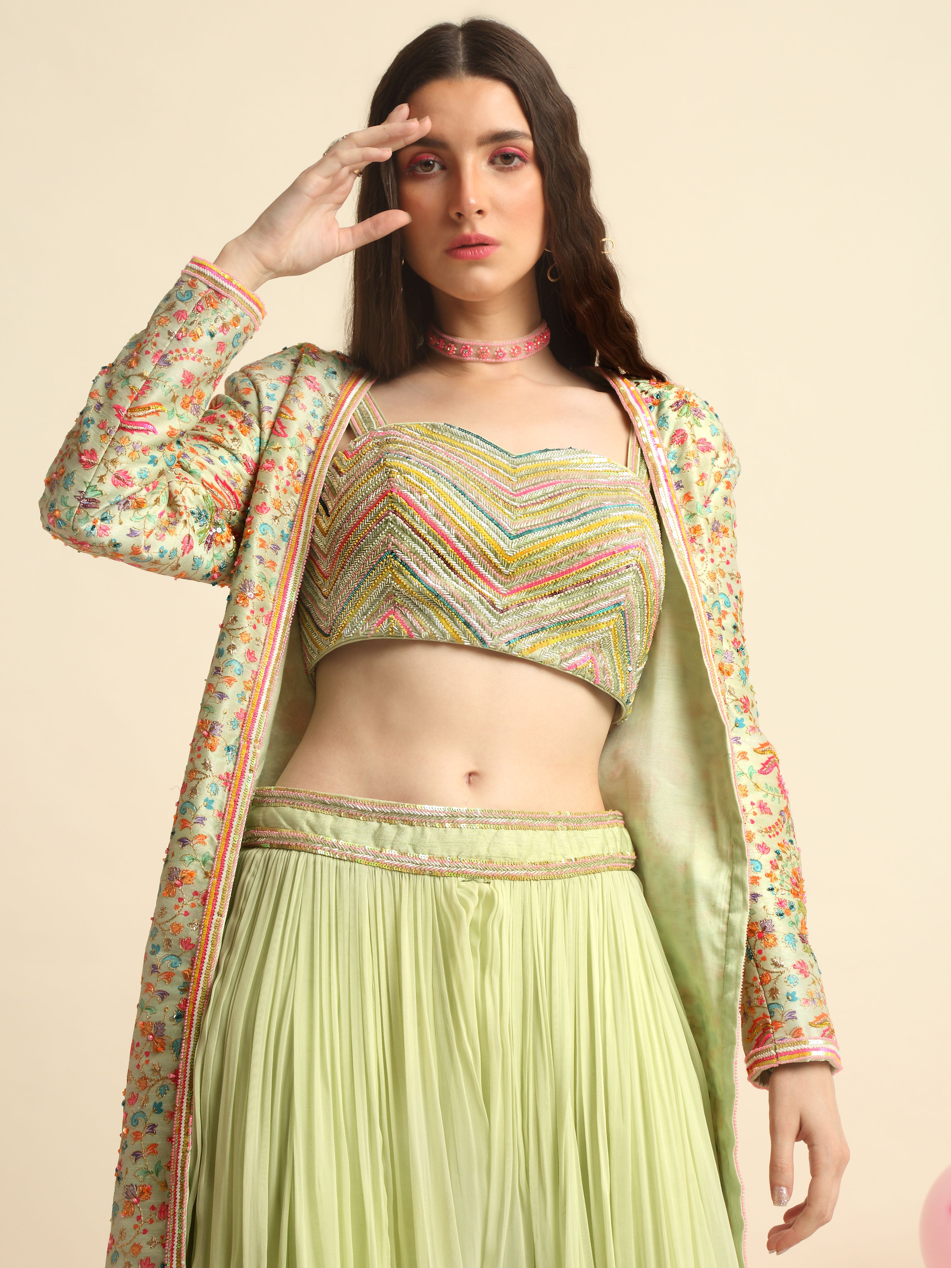 Mint Green Printed And Embroidered Peplum Jacket Set