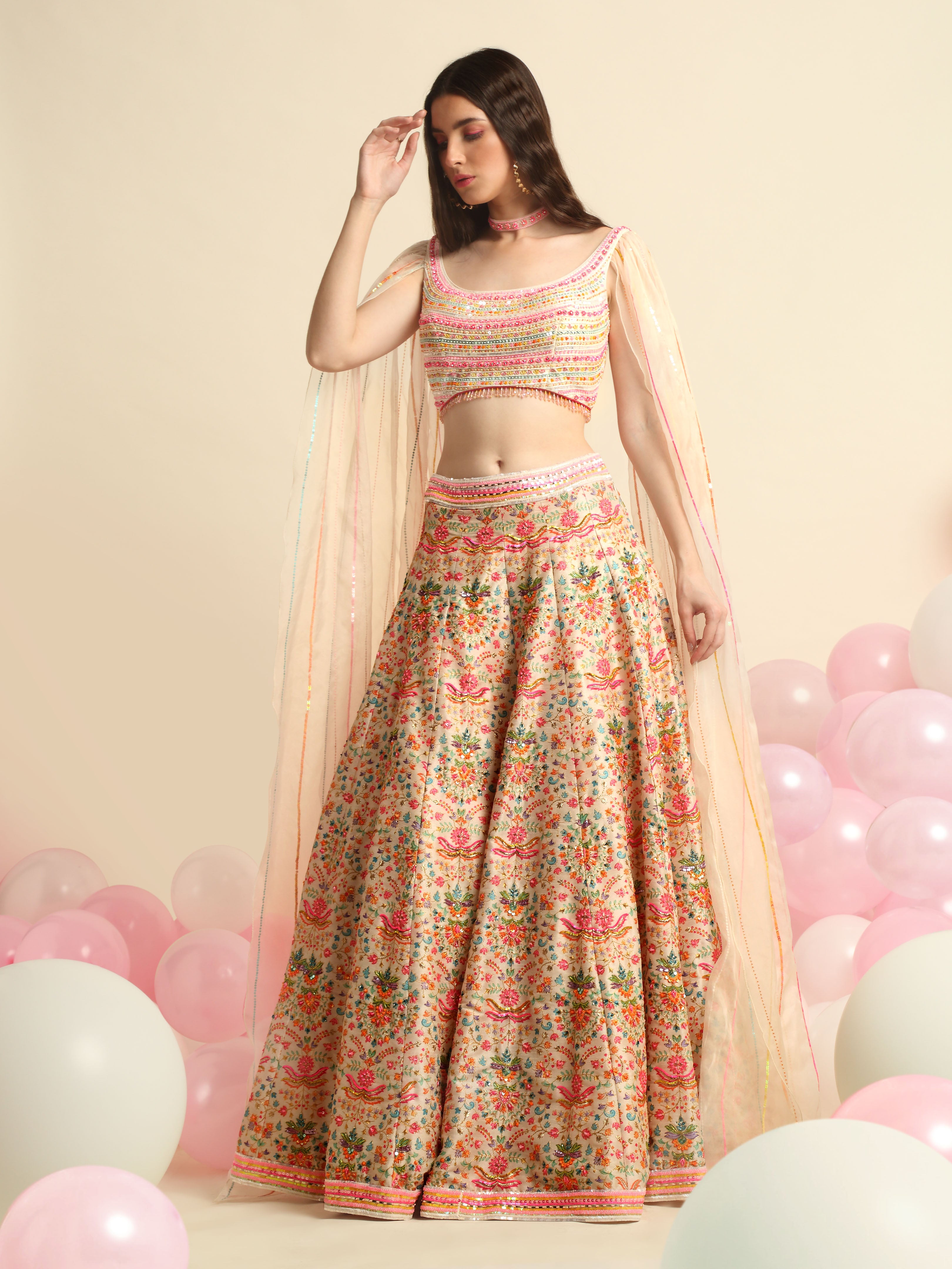 Ivory Printed & Embroidered Lehenga Set