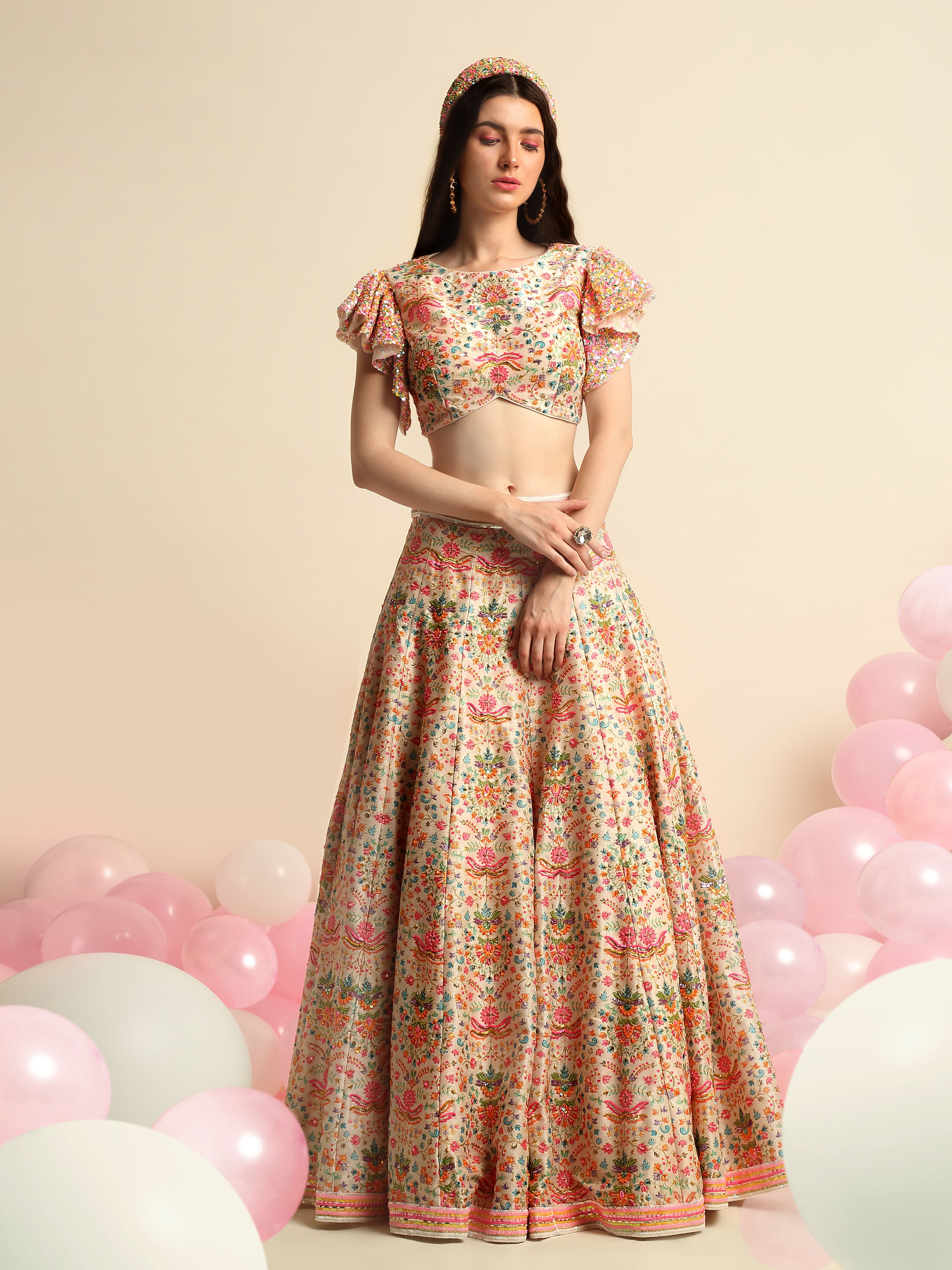 Ivory Printed & Embroidered Lehenga Set