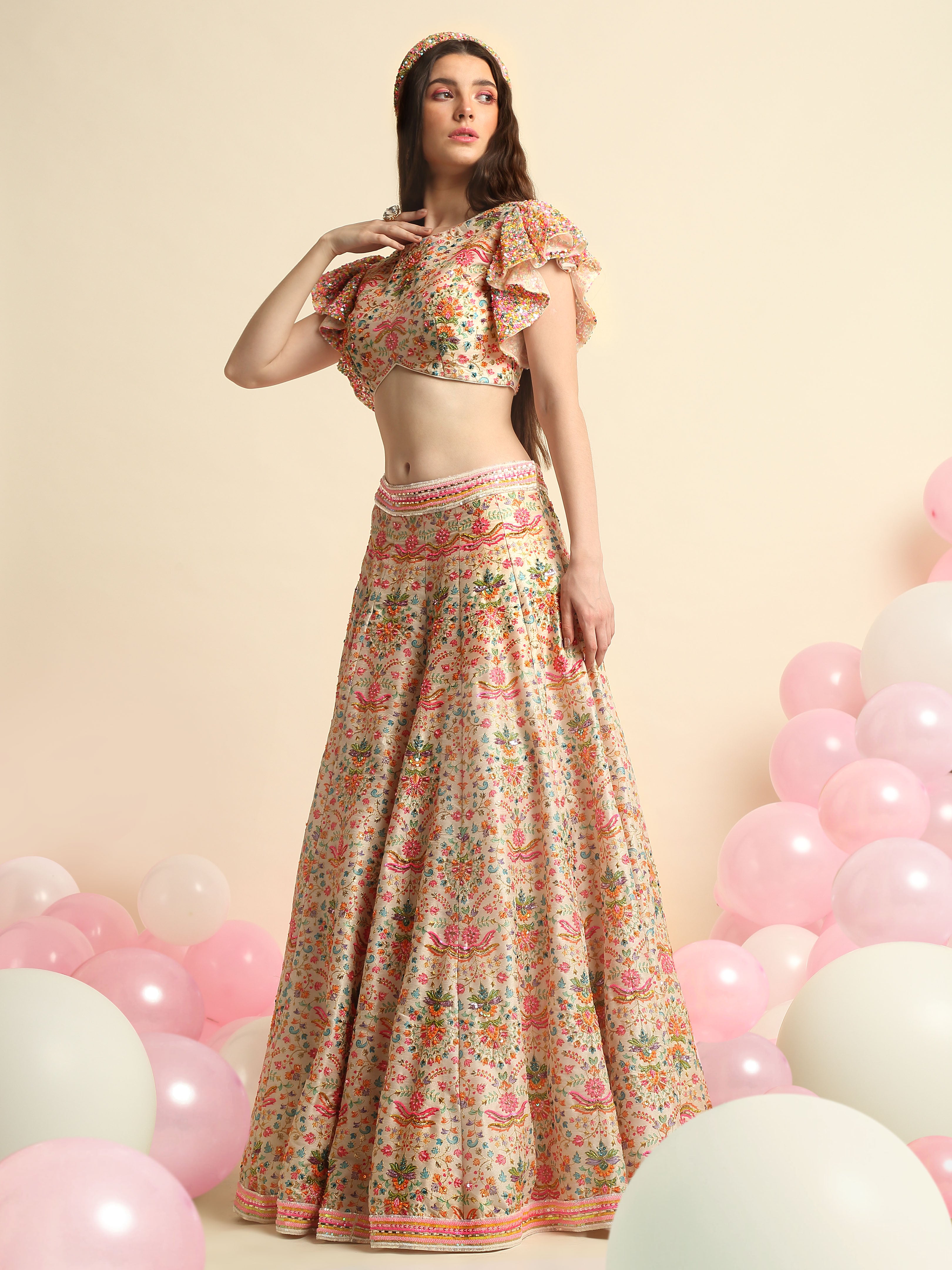 Ivory Printed & Embroidered Lehenga Set