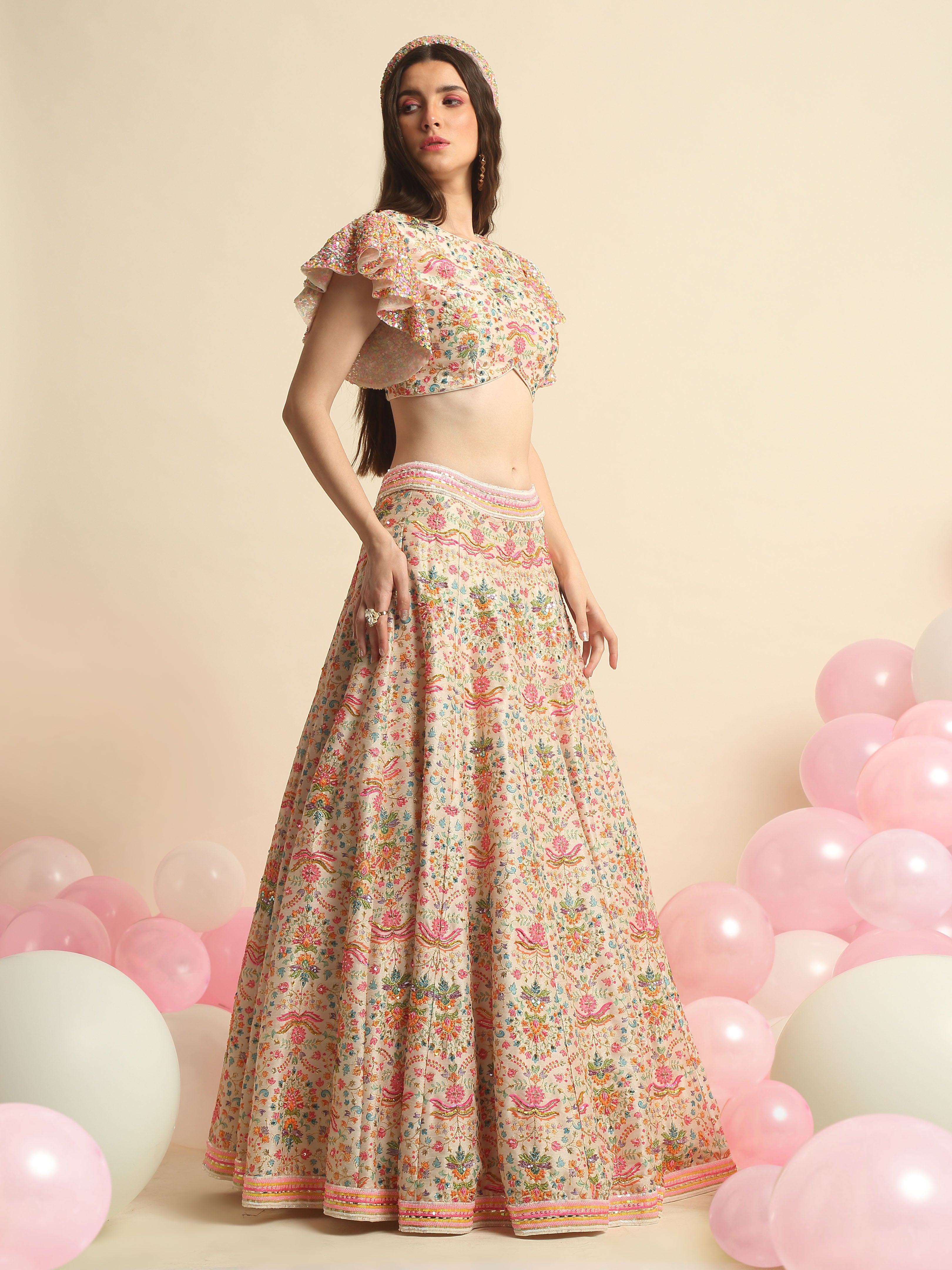 Ivory Printed & Embroidered Lehenga Set