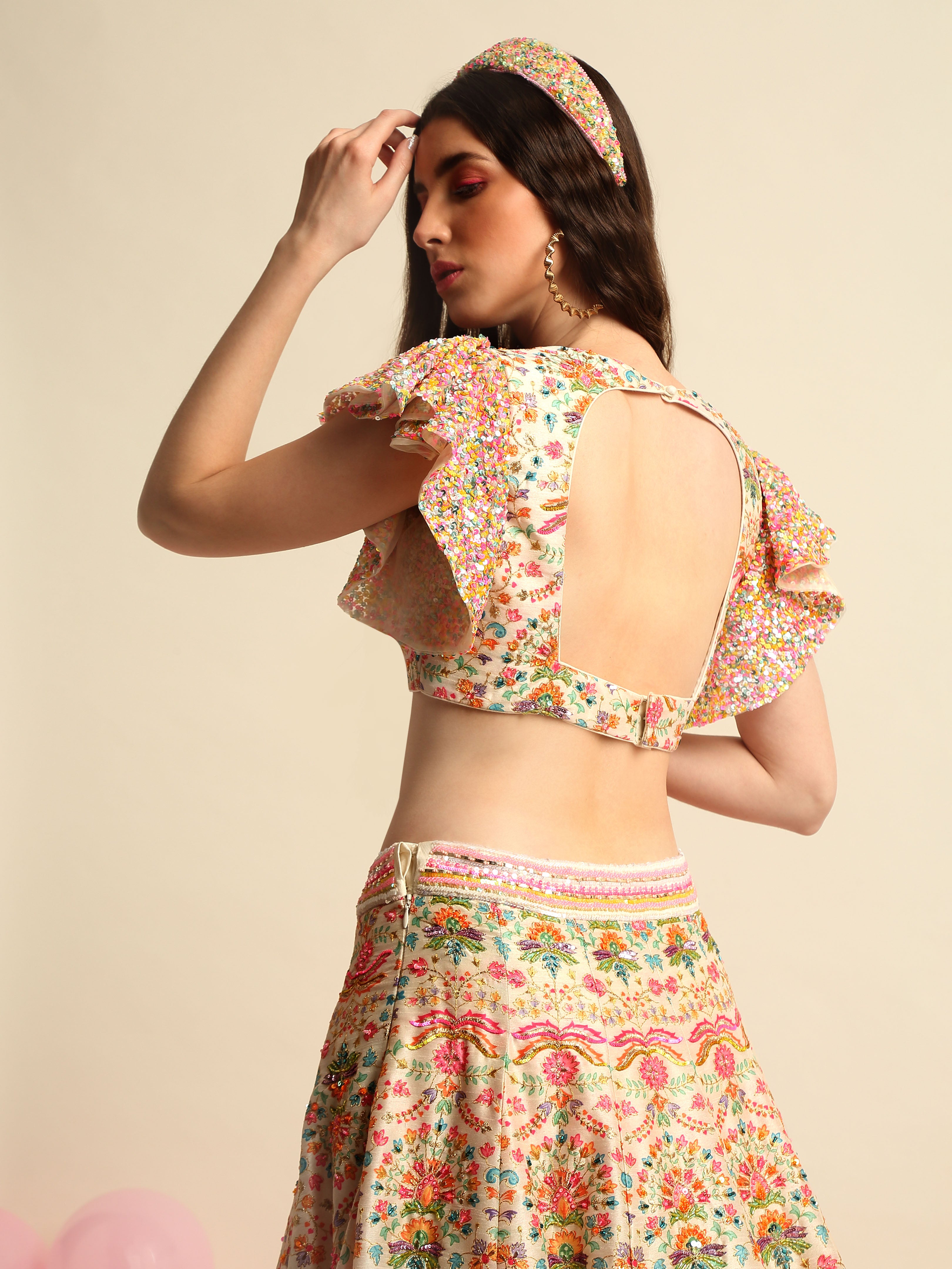 Ivory Printed & Embroidered Lehenga Set