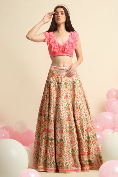 Pink Printed & Embroidered Lehenga Set