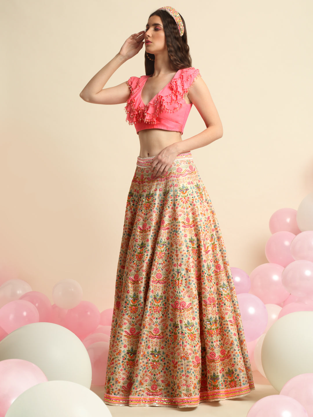 Pink Printed & Embroidered Lehenga Set
