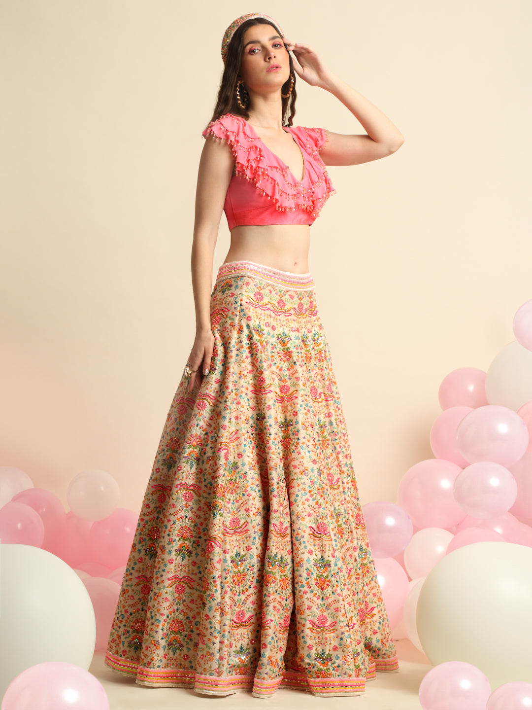 Pink Printed & Embroidered Lehenga Set