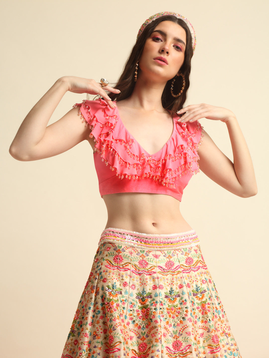 Pink Printed & Embroidered Lehenga Set