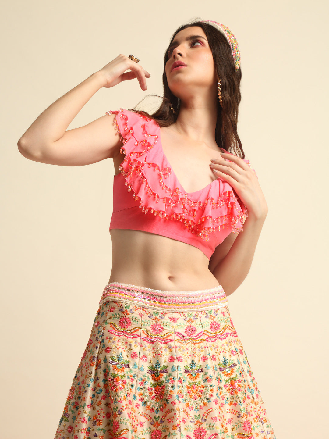 Pink Printed & Embroidered Lehenga Set