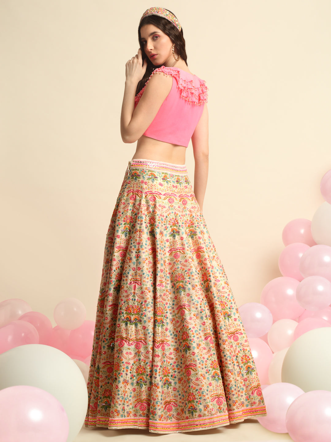 Pink Printed & Embroidered Lehenga Set