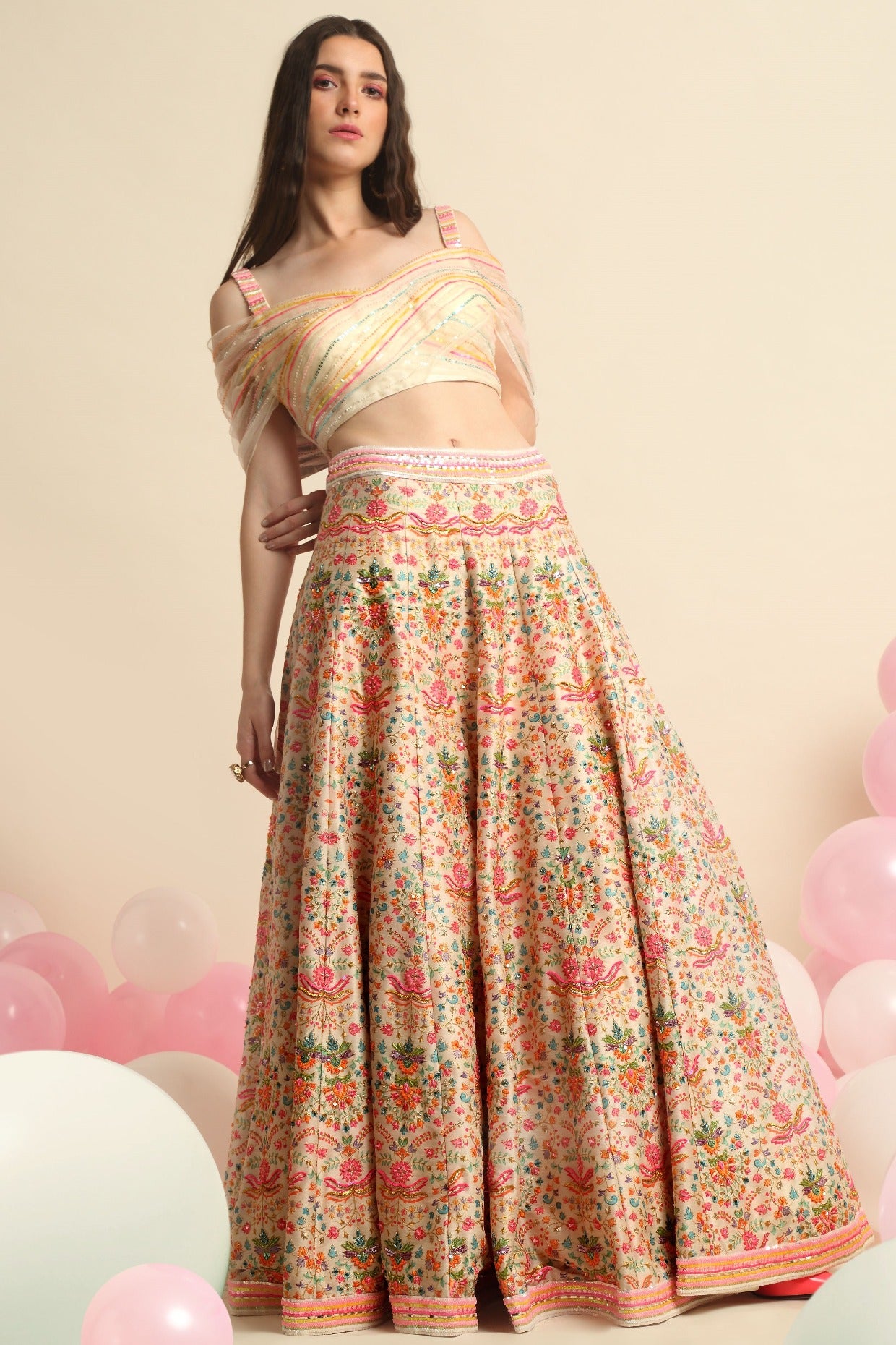 Ivory Printed & Embroidered Lehenga Set